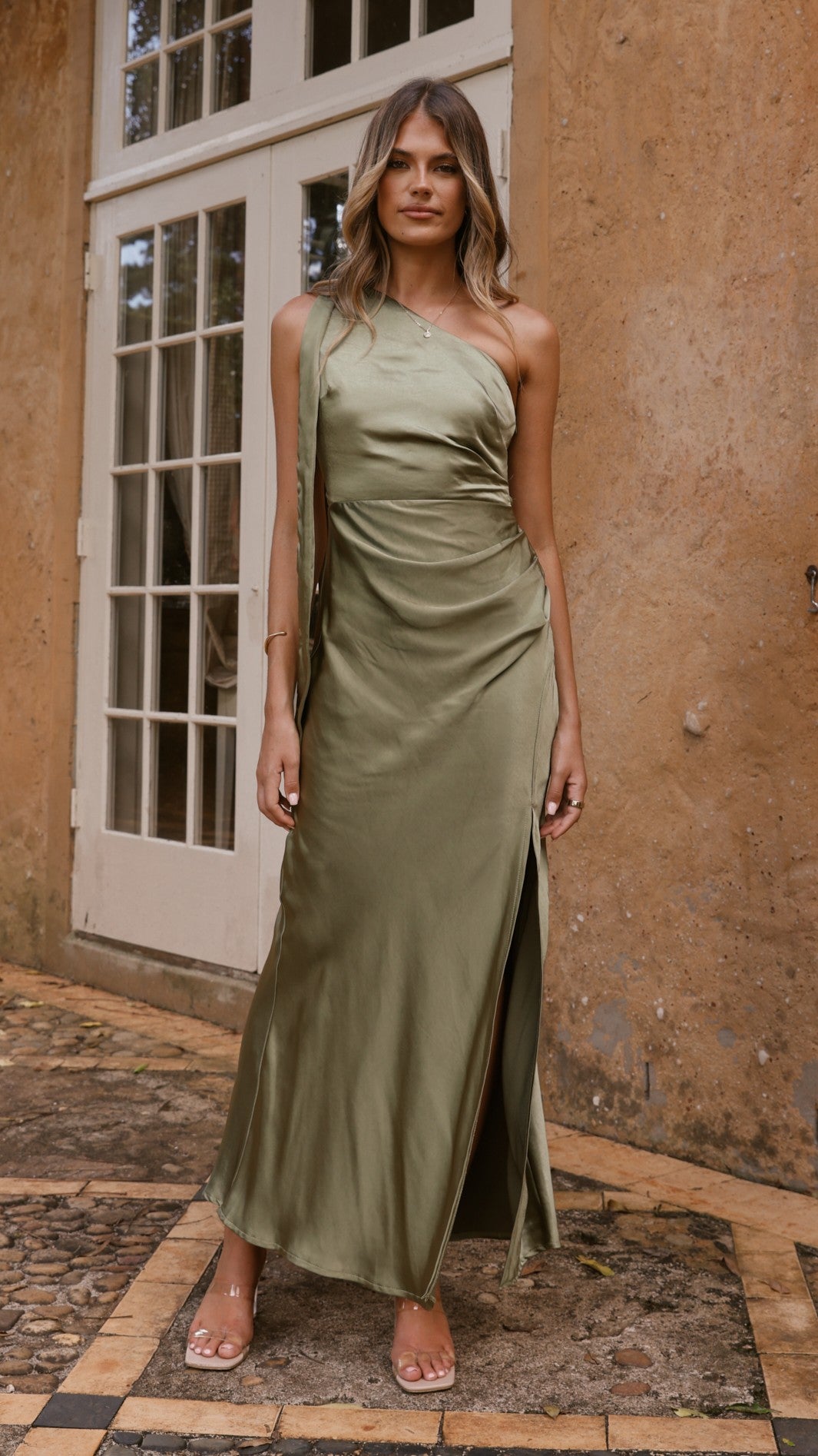 one shoulder olive green dress Halle One Shoulder Maxi Dress