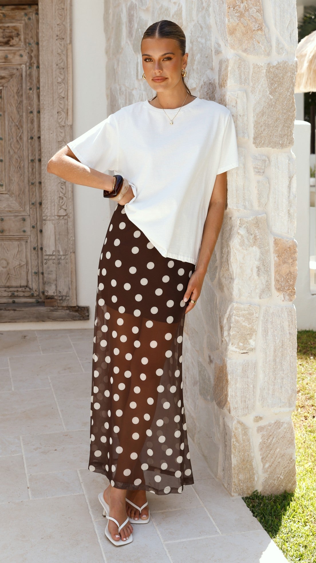 Onella Semi Sheer Maxi Skirt - Chocolate / White Polka Dot - Buy