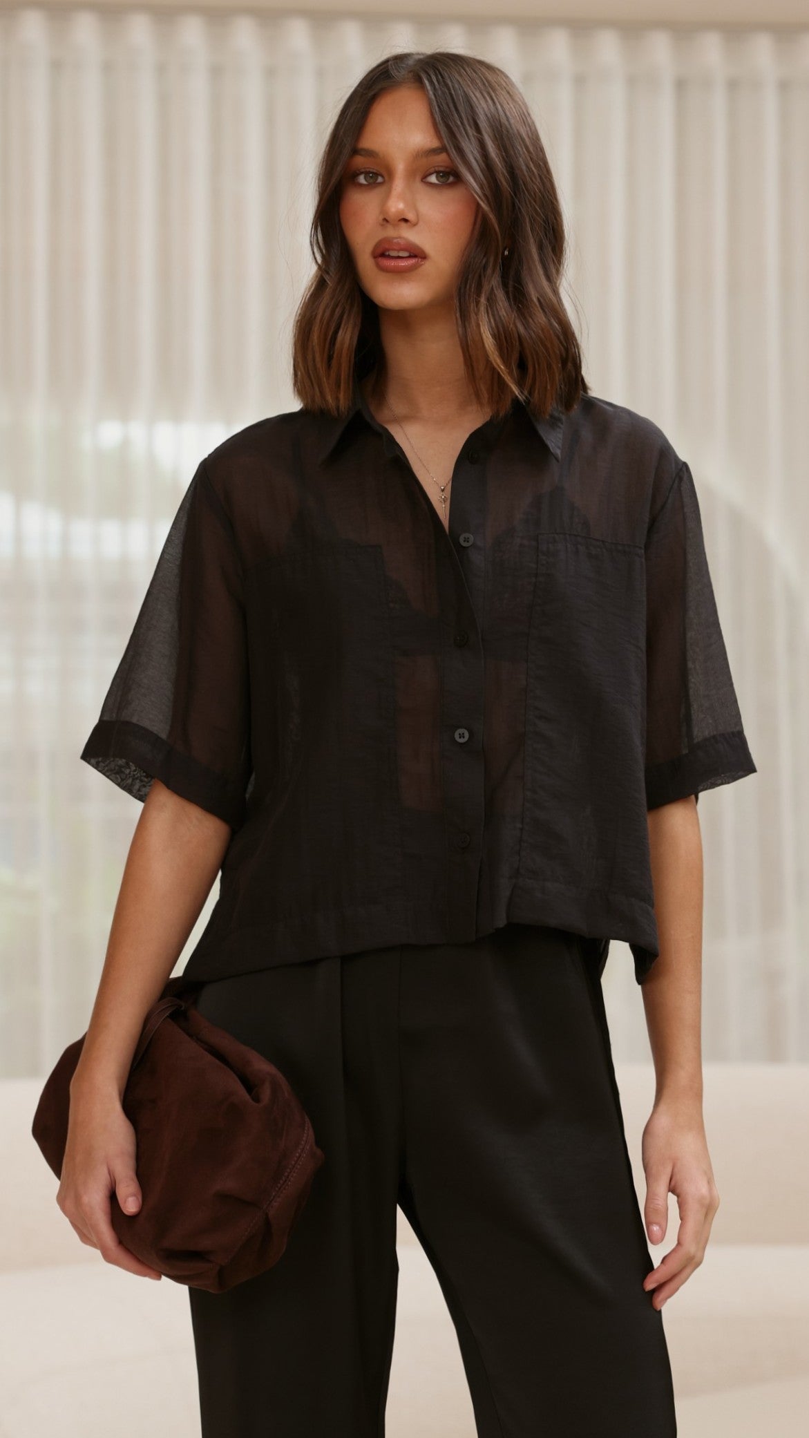 Deanna Sheer Button Up Shirt - Black - Billy J