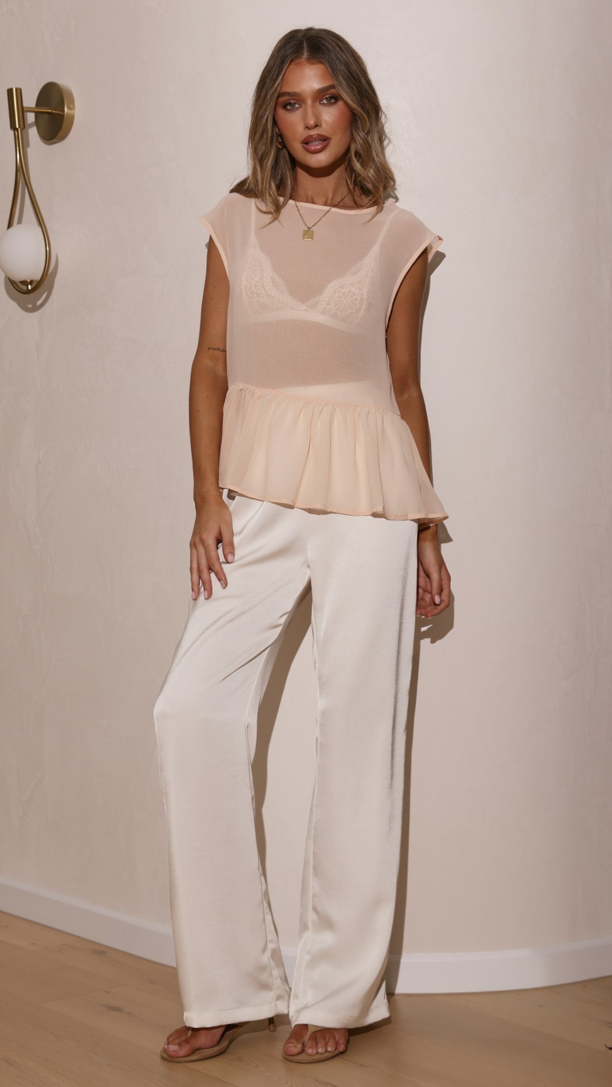 Deana Long Line Sheer Top - Beige - Billy J