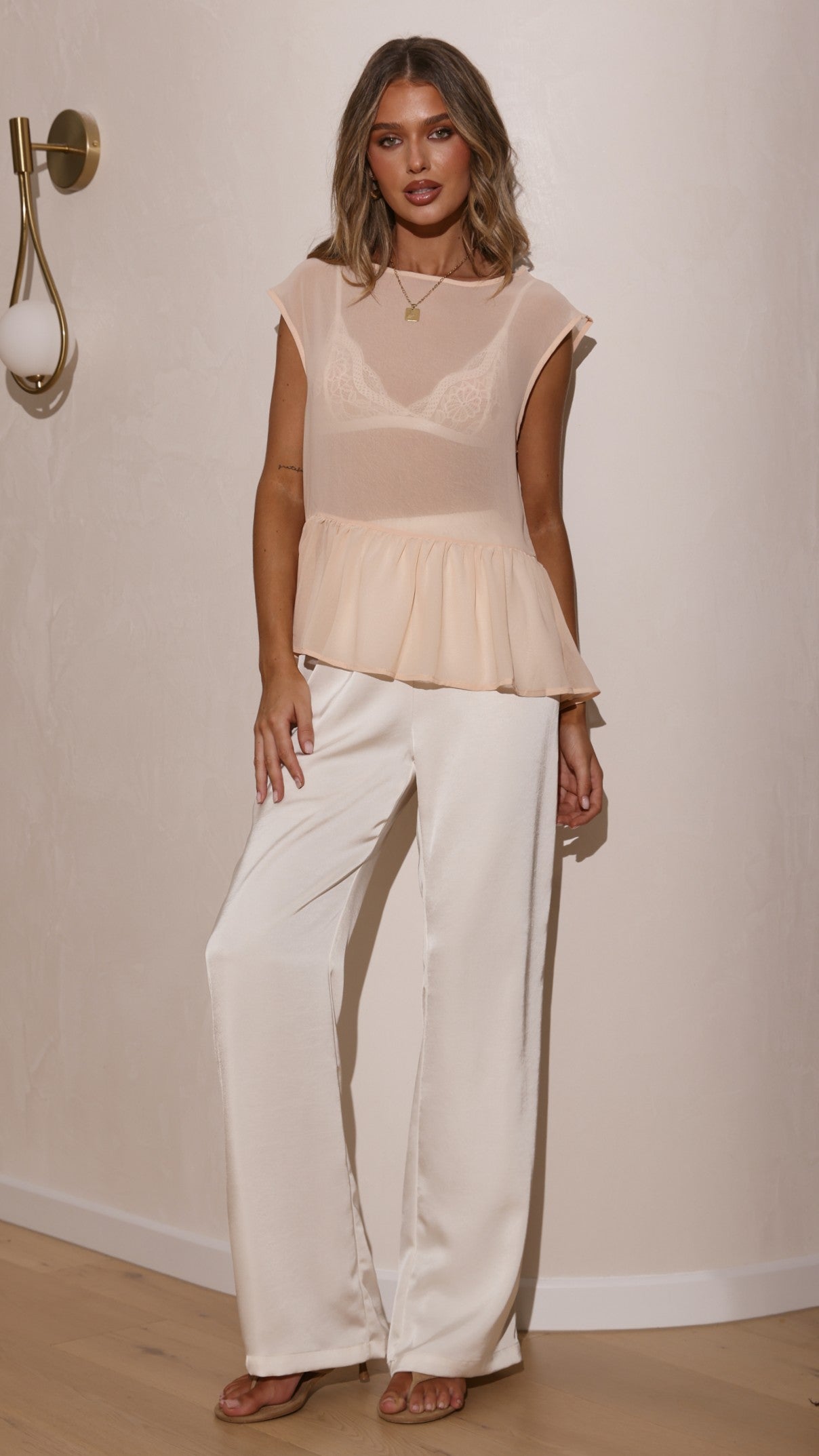 Deana Long Line Sheer Top - Beige - Billy J
