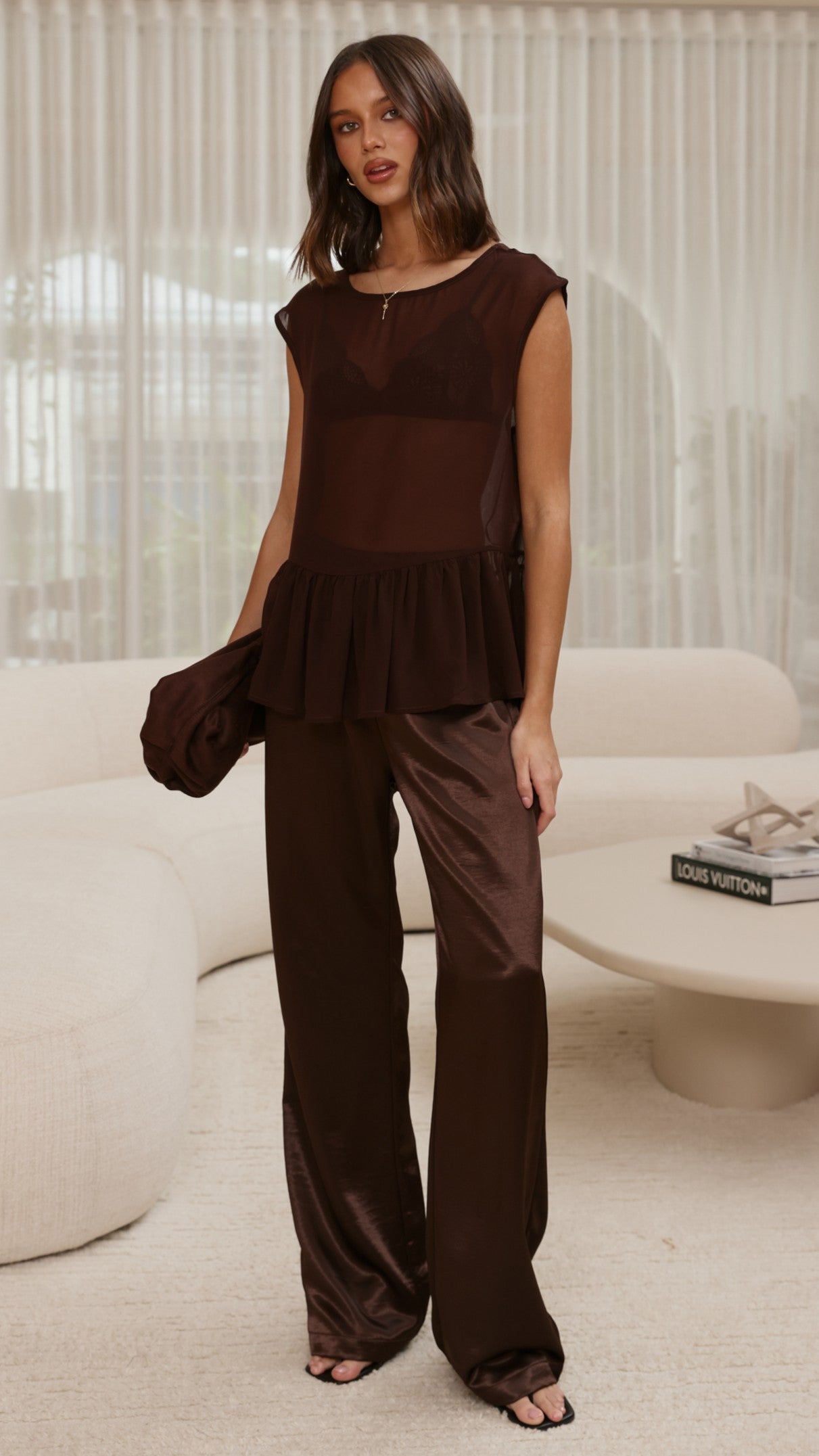 Deana Long Line Sheer Top - Brown - Billy J
