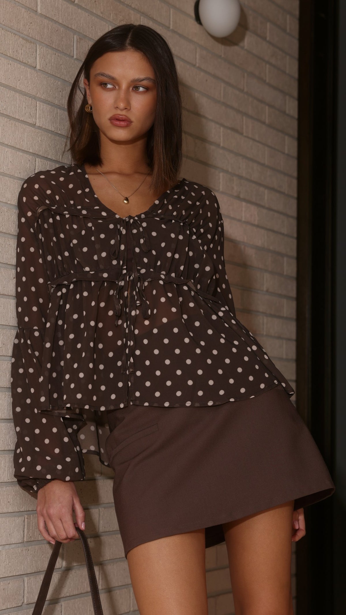 Elke Tie Blouse - Chocolate/White Polka Dot - Billy J
