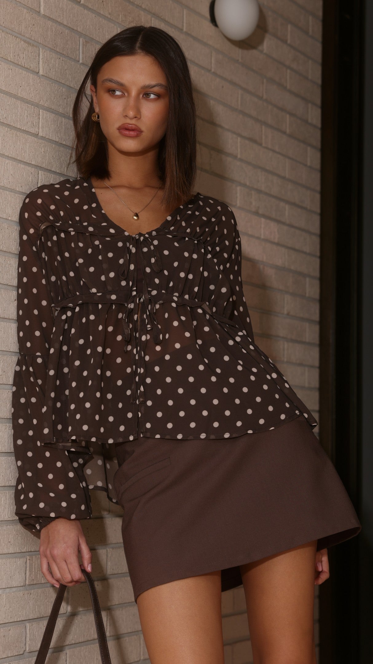 Elke Tie Blouse - Chocolate/White Polka Dot - Billy J