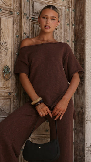 Cascadia Off Shoulder T-Shirt - Chocolate - Billy J