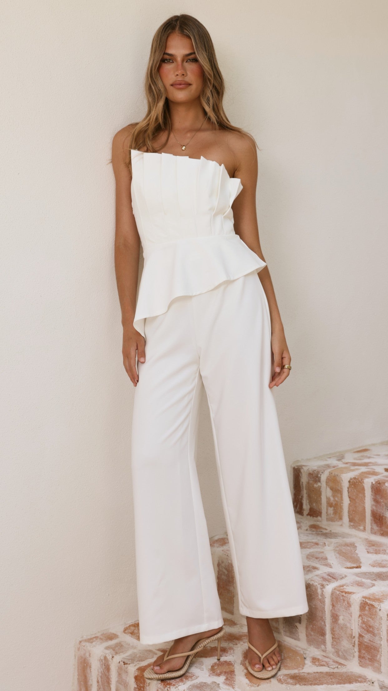 Javana Asymmetrical Top and Pants Set - White - Billy J