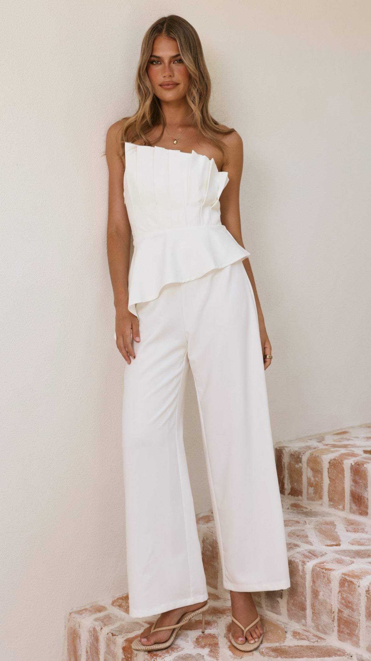 Javana Asymmetrical Top and Pants Set - White - Billy J