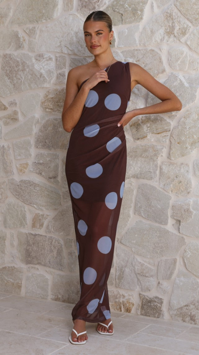 Cataleya Mesh Maxi Dress - Brown / Blue Polka Dot - Billy J