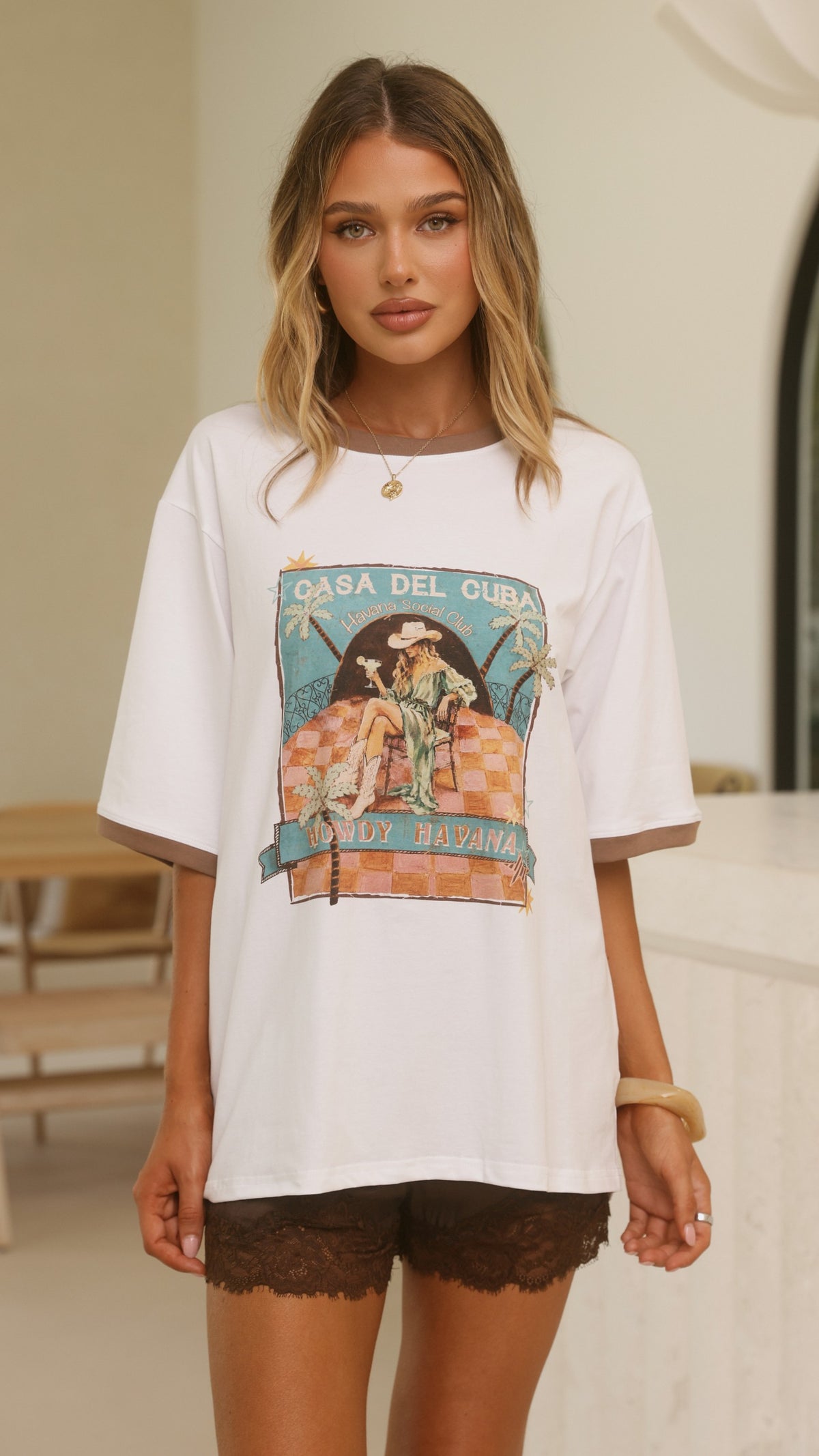 Howdy Havana Tee - White/Brown - Billy J
