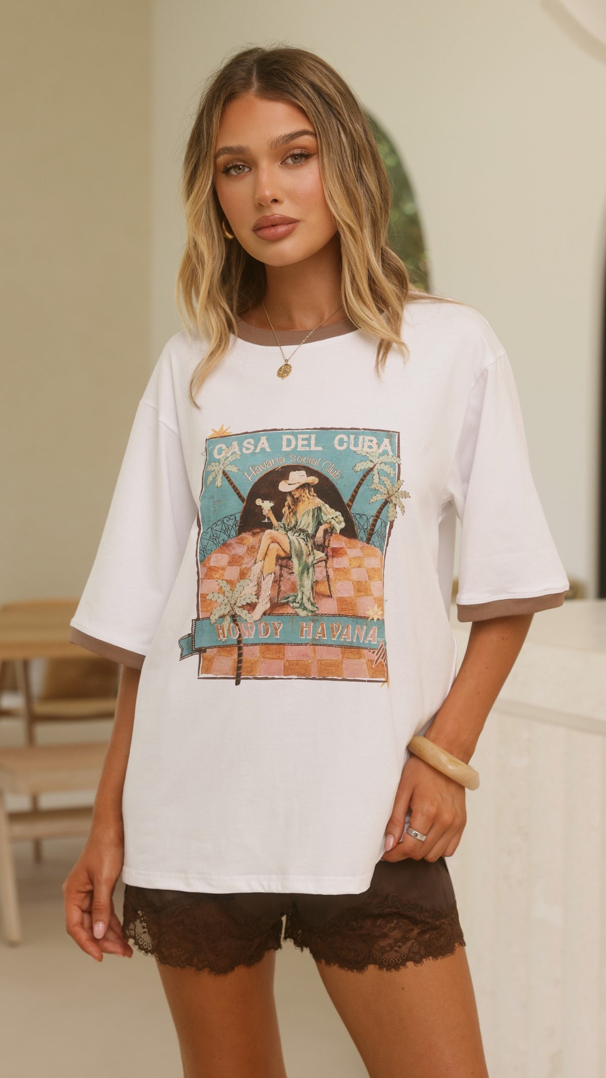Howdy Havana Tee - White/Brown - Billy J