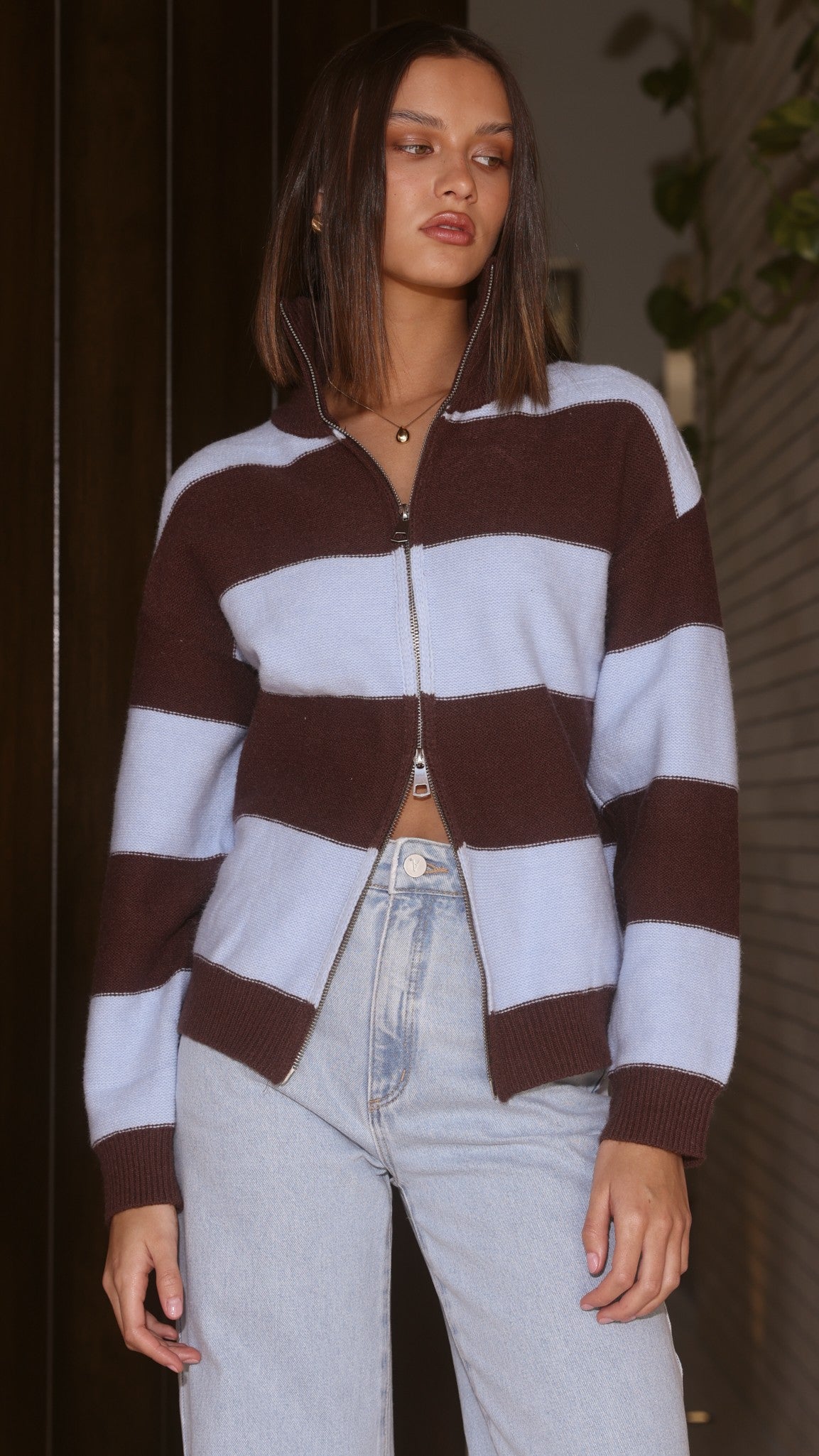 Tyla Zip-Up Sweater - Brown/Blue Stripe - Billy J