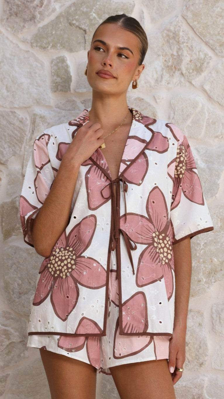 Eloise Eyelet Top - Botanic Pink Print - Billy J