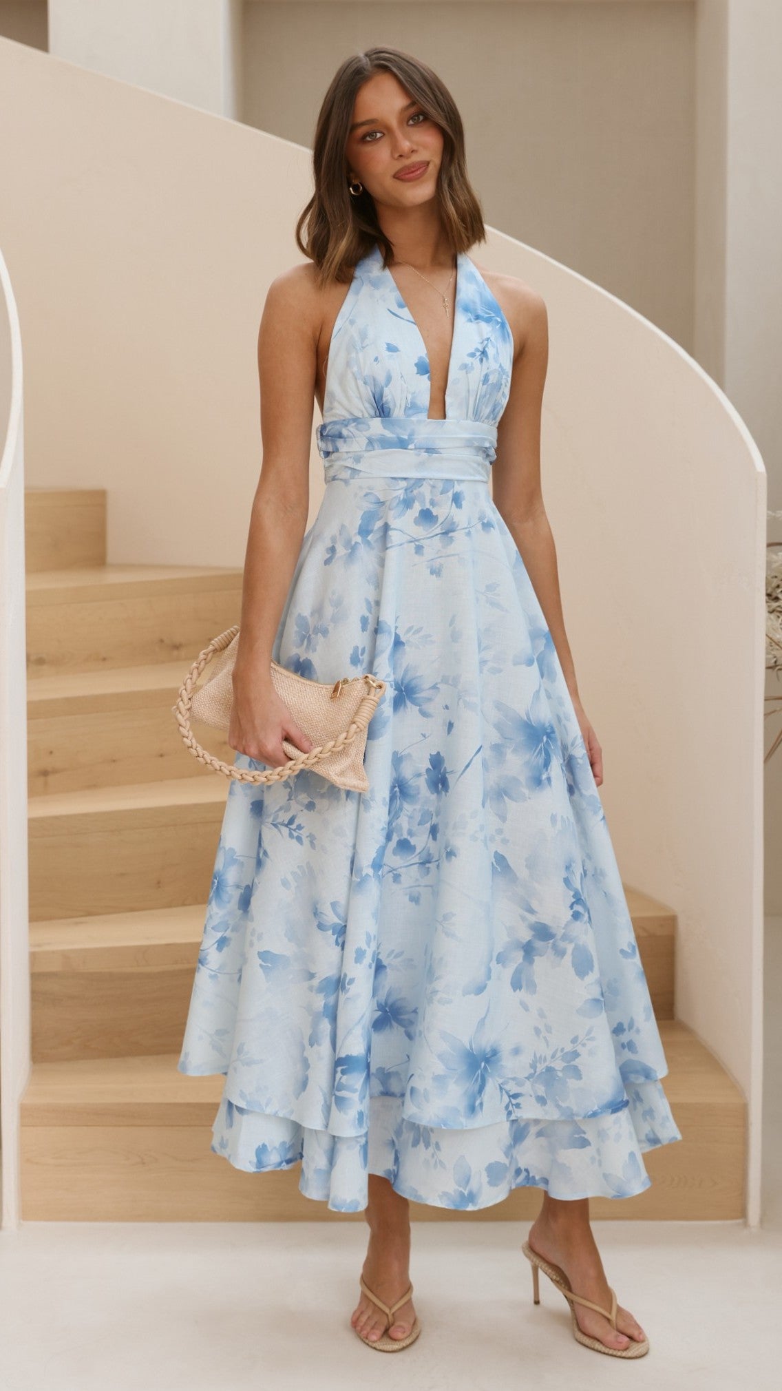 Kathy Halter Neck Maxi Dress - Baby Blue Floral - Billy J