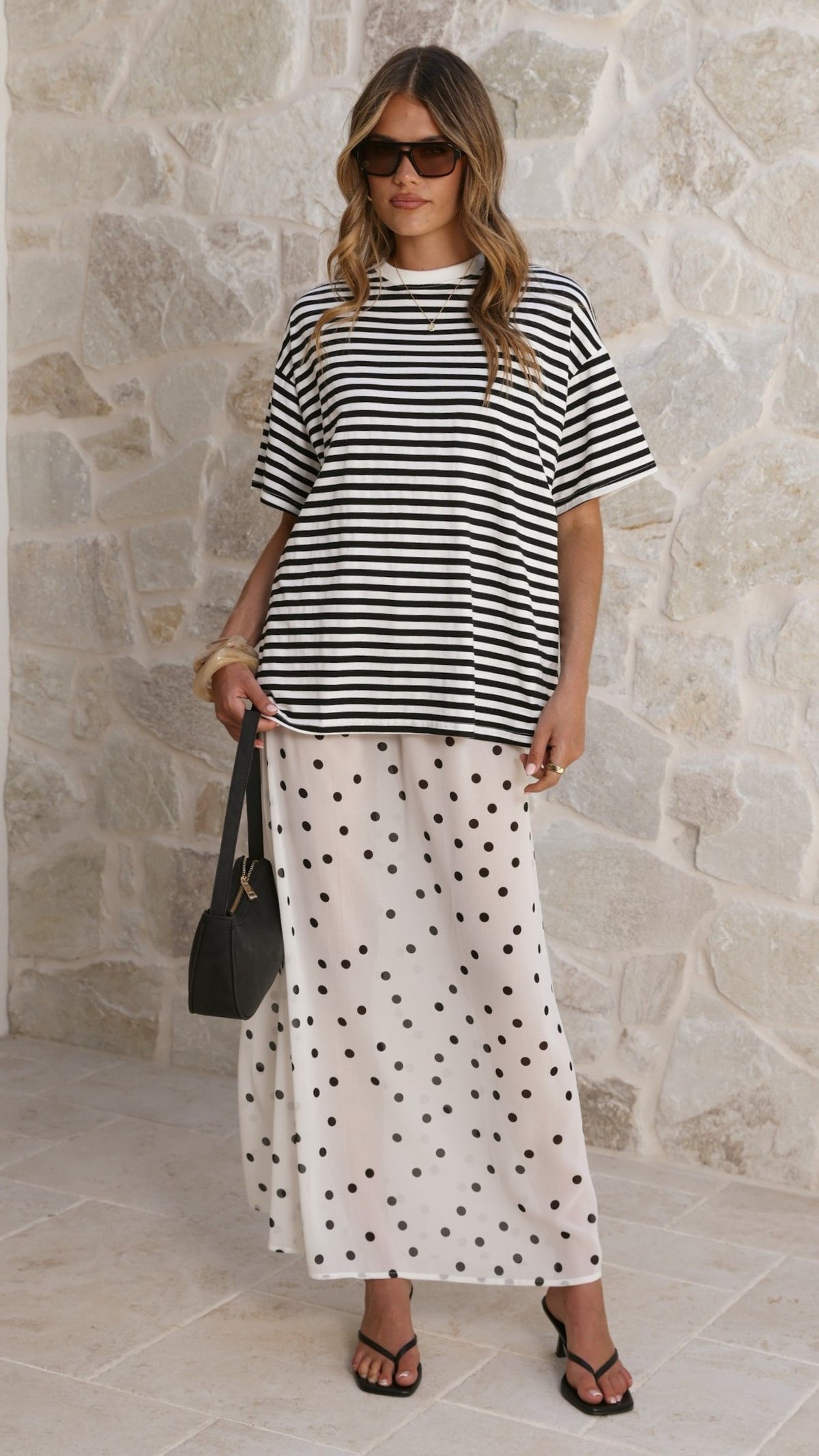 Elisha T-Shirt and Sheer Maxi Skirt Set - Black / White Stripe and Polka Dot - Billy J