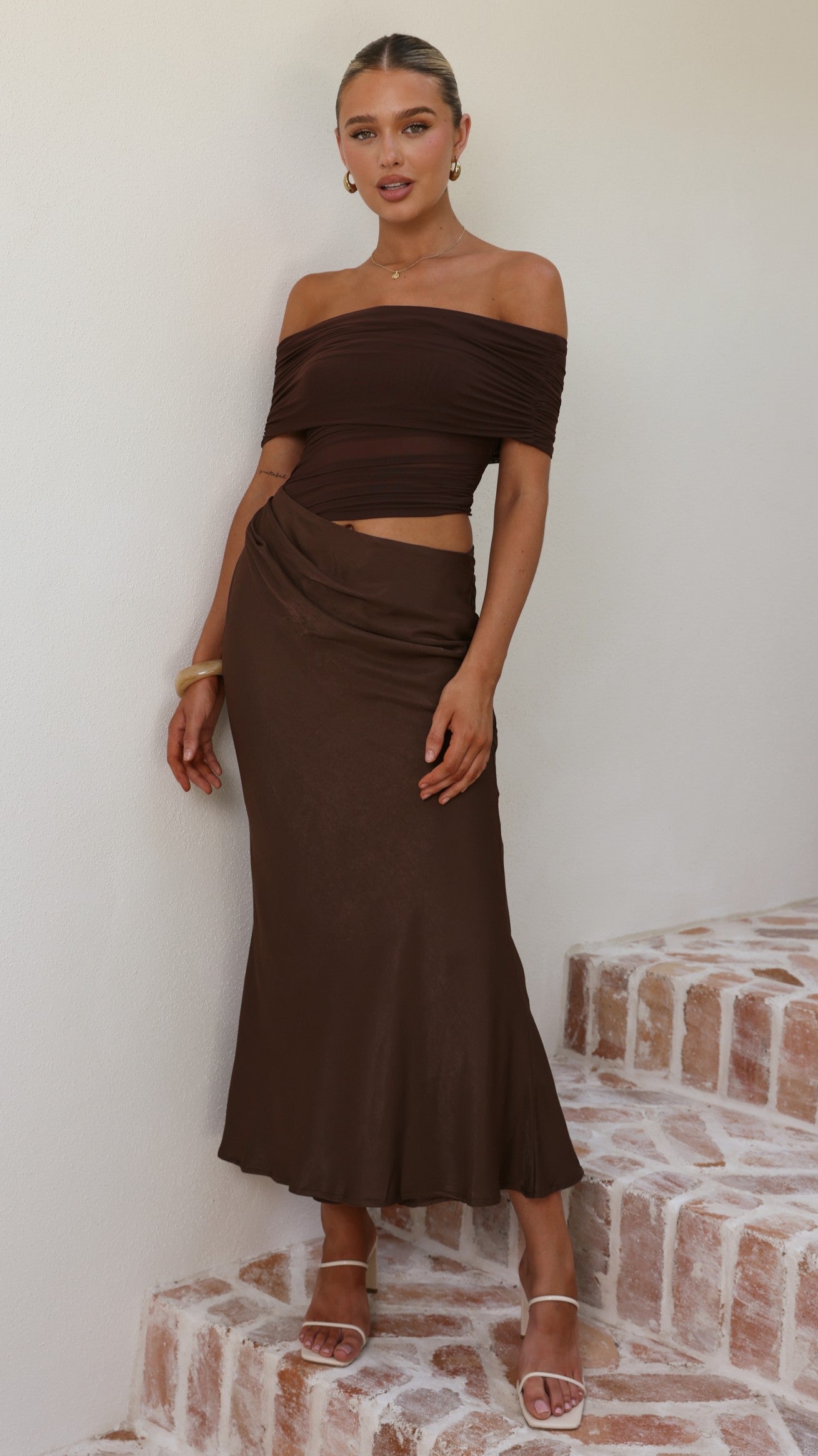 Daena Off Shoulder Maxi Dress - Chocolate - Billy J