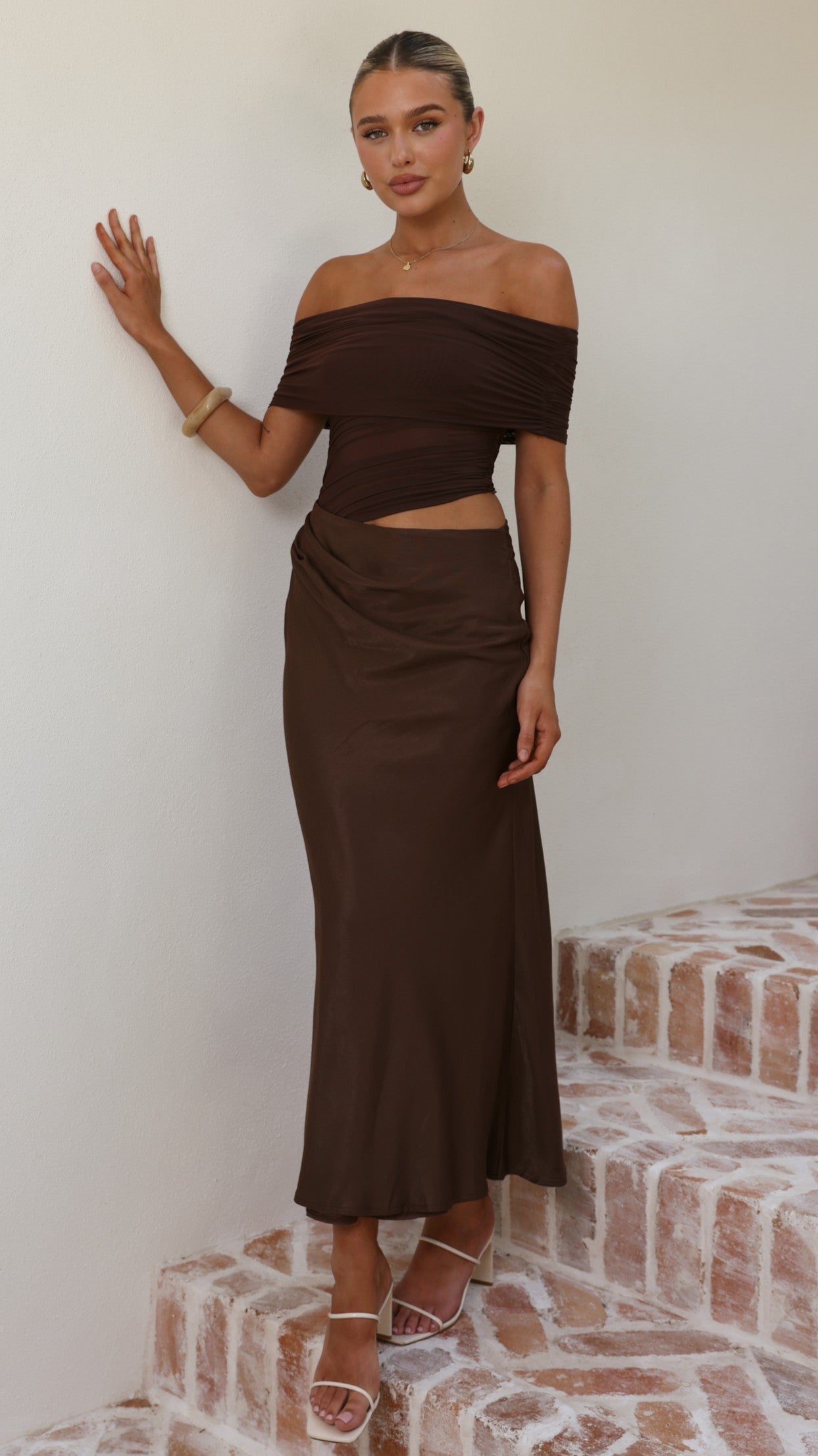 Daena Off Shoulder Maxi Dress - Chocolate - Billy J