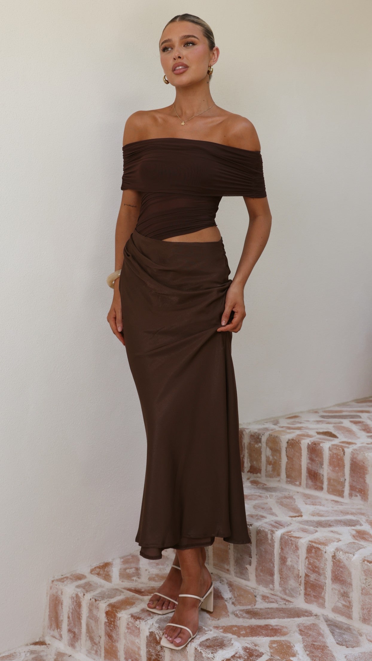 Daena Off Shoulder Maxi Dress - Chocolate - Billy J