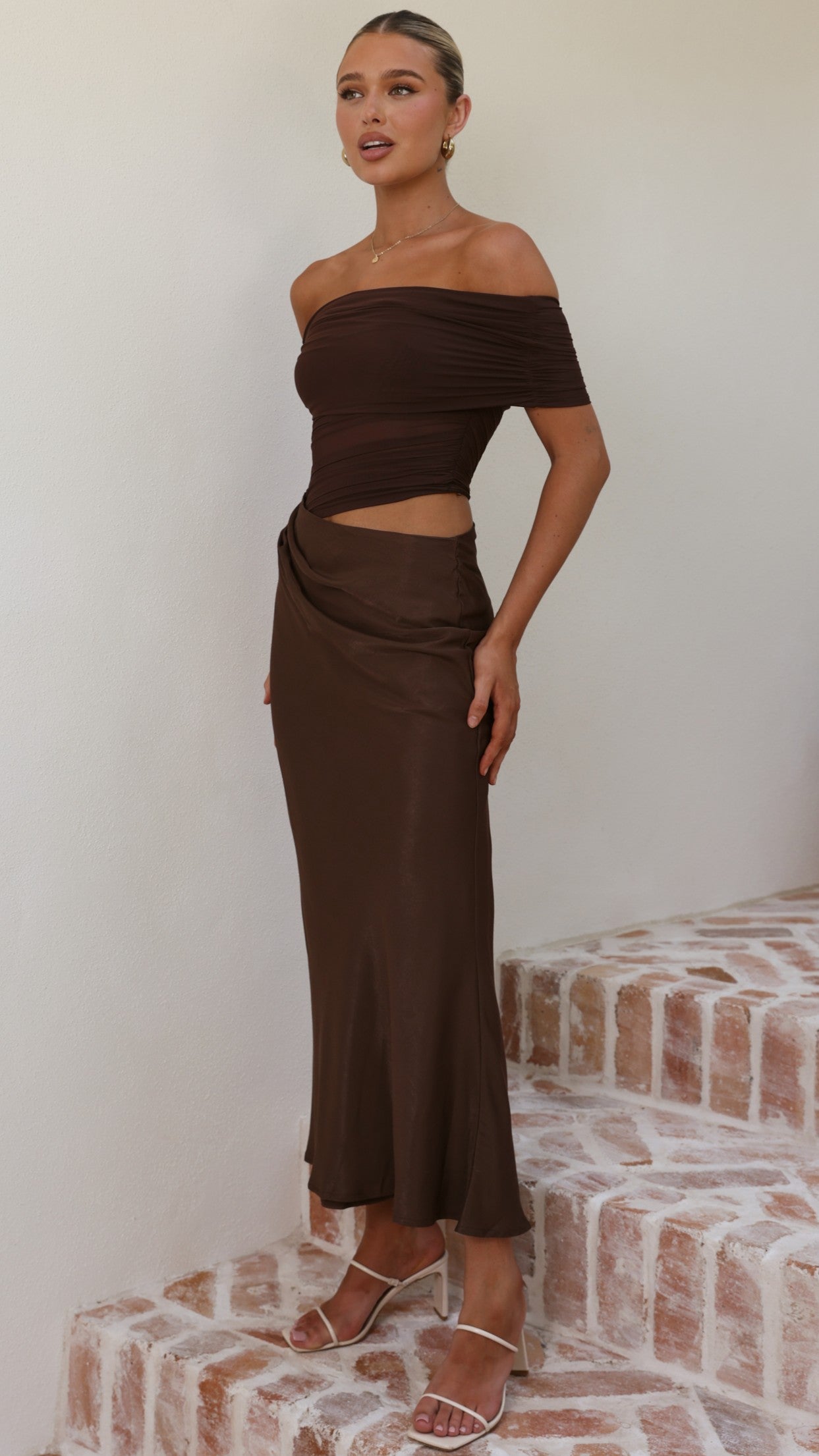Daena Off Shoulder Maxi Dress - Chocolate - Billy J