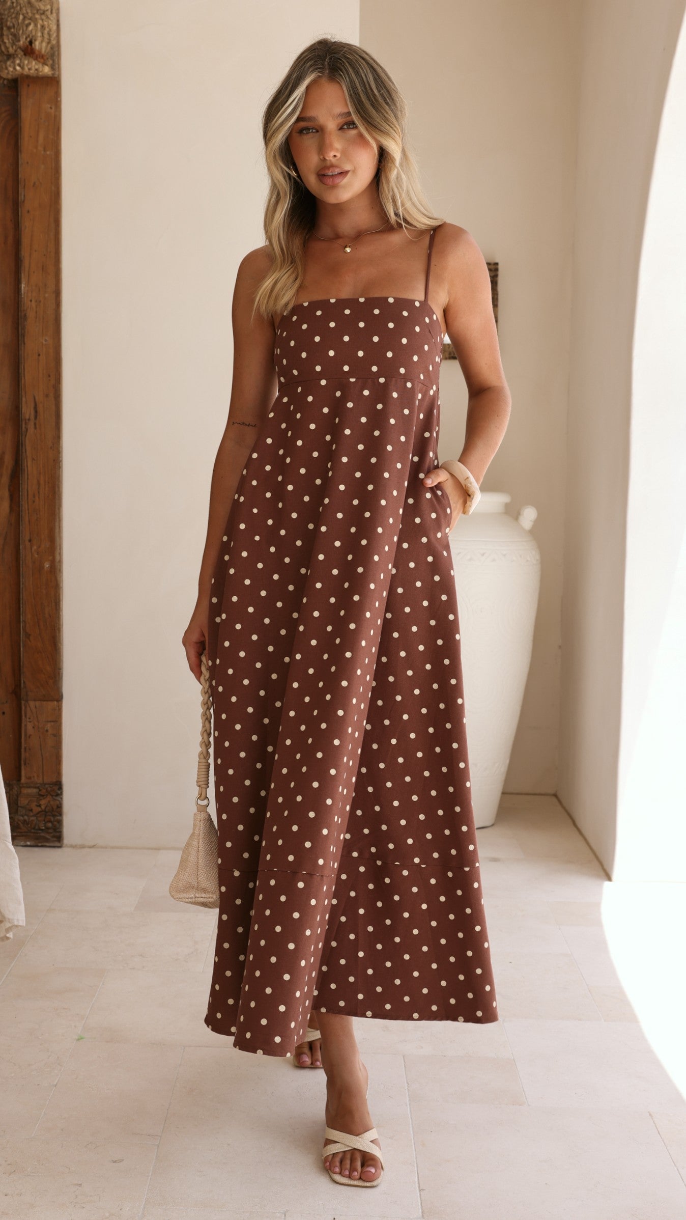 Elie Maxi Dress - Chocolate/Cream Polka Dot - Billy J