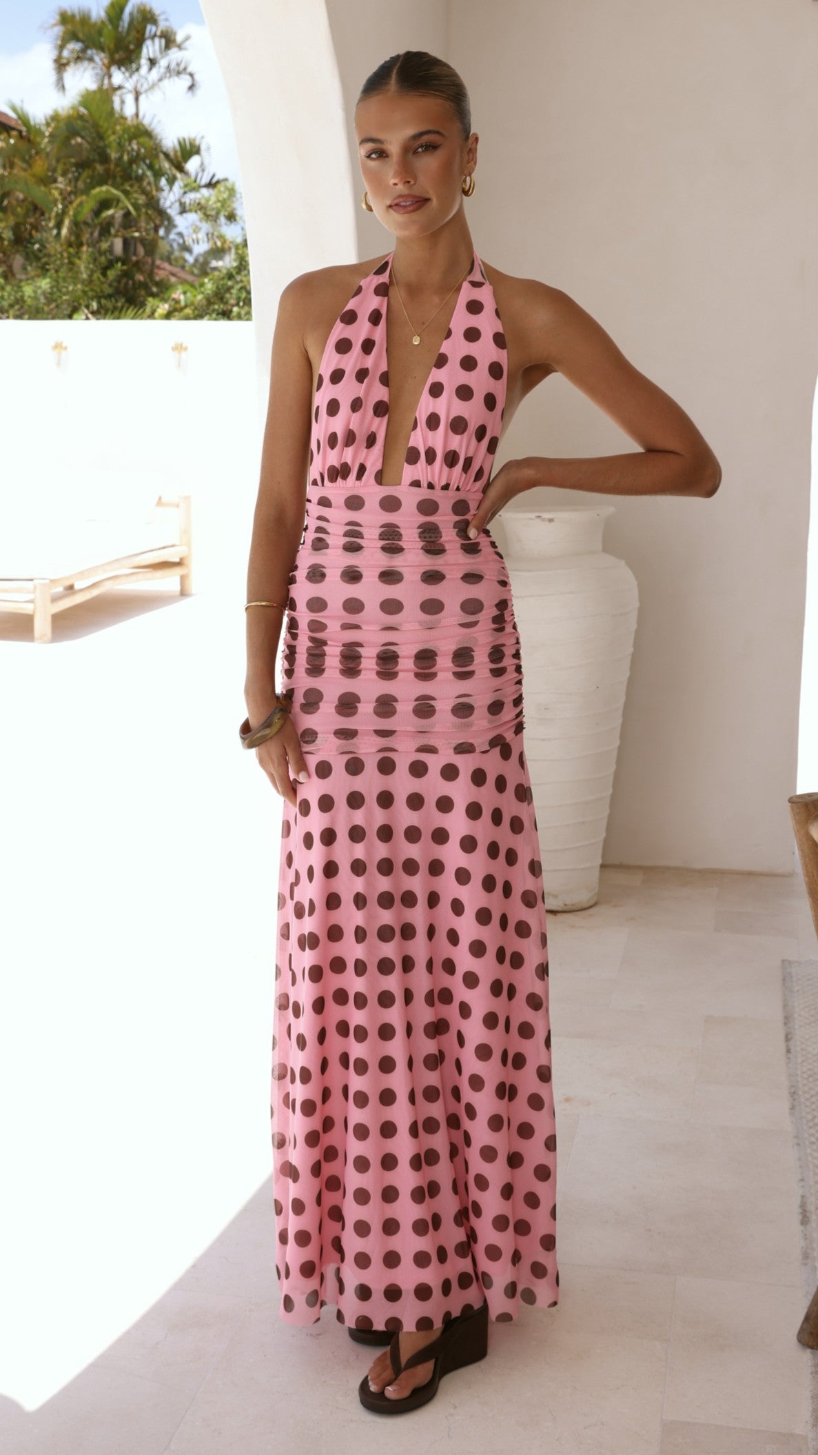 Kya Maxi Dress - Pink / Brown Polka - Billy J