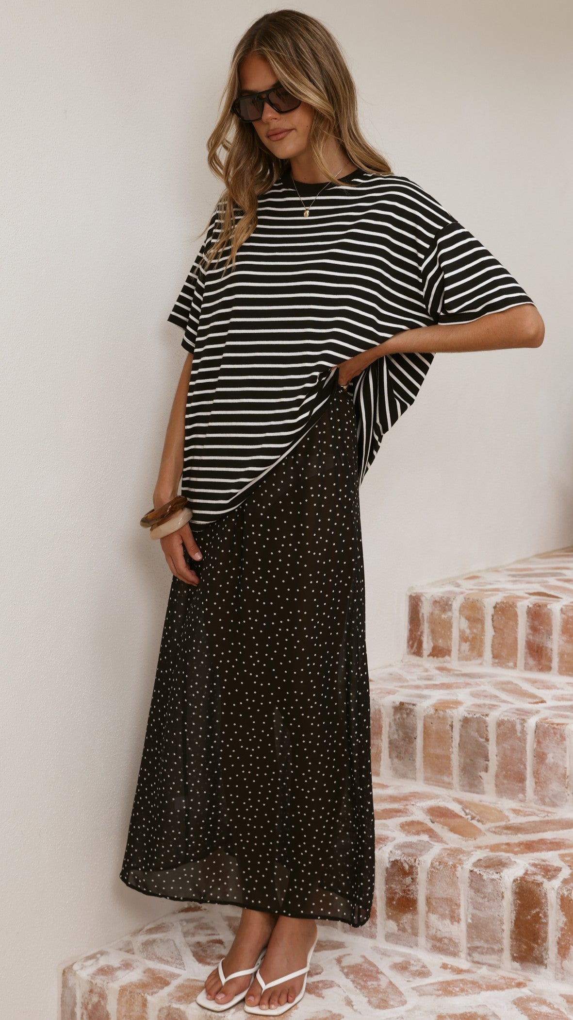 Elisha T-Shirt and Sheer Maxi Skirt Set - White/Black Stripe and Polka Dot - Billy J