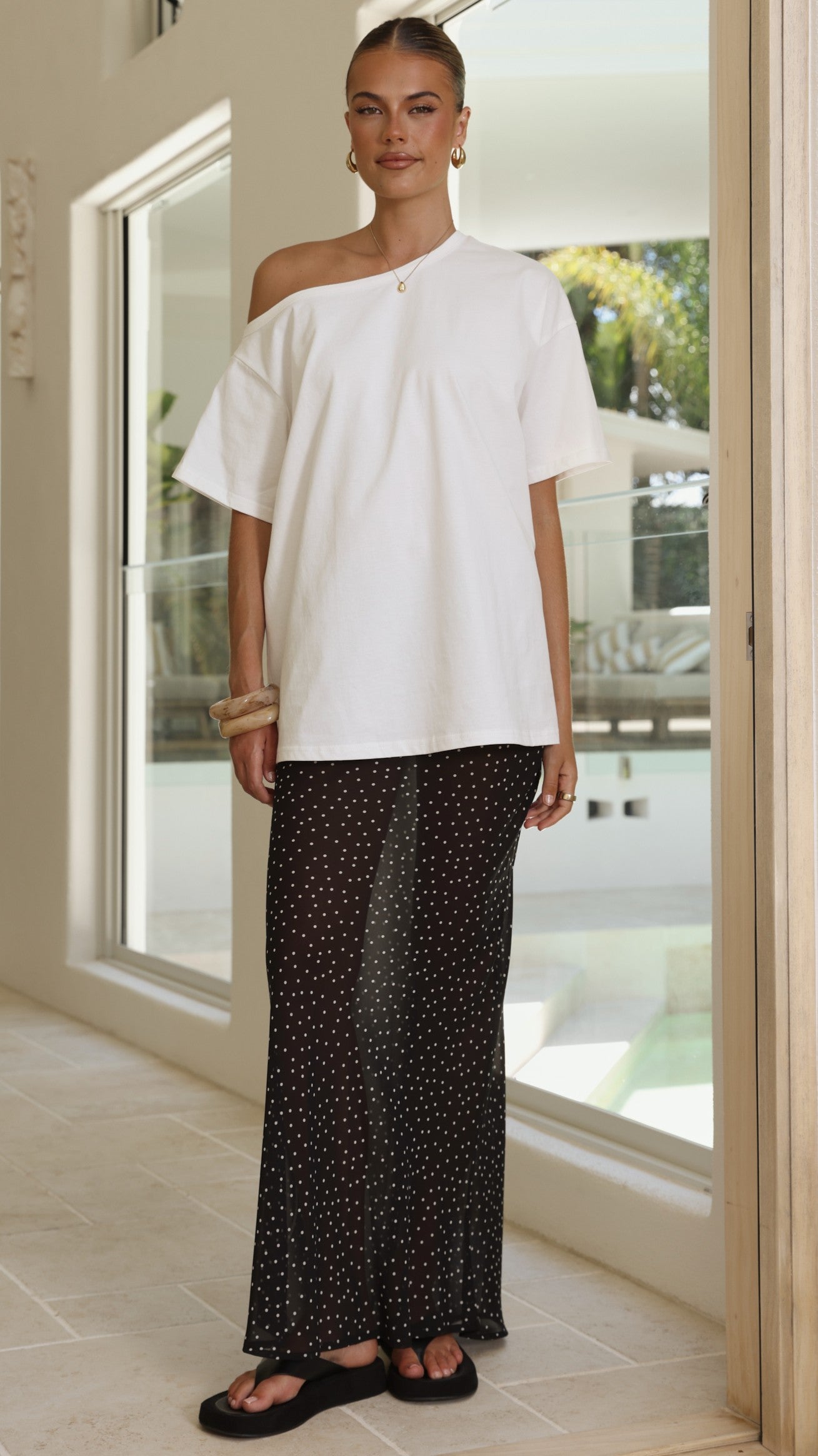 Elena Top and Maxi Skirt Set - White/Black Polka - Billy J