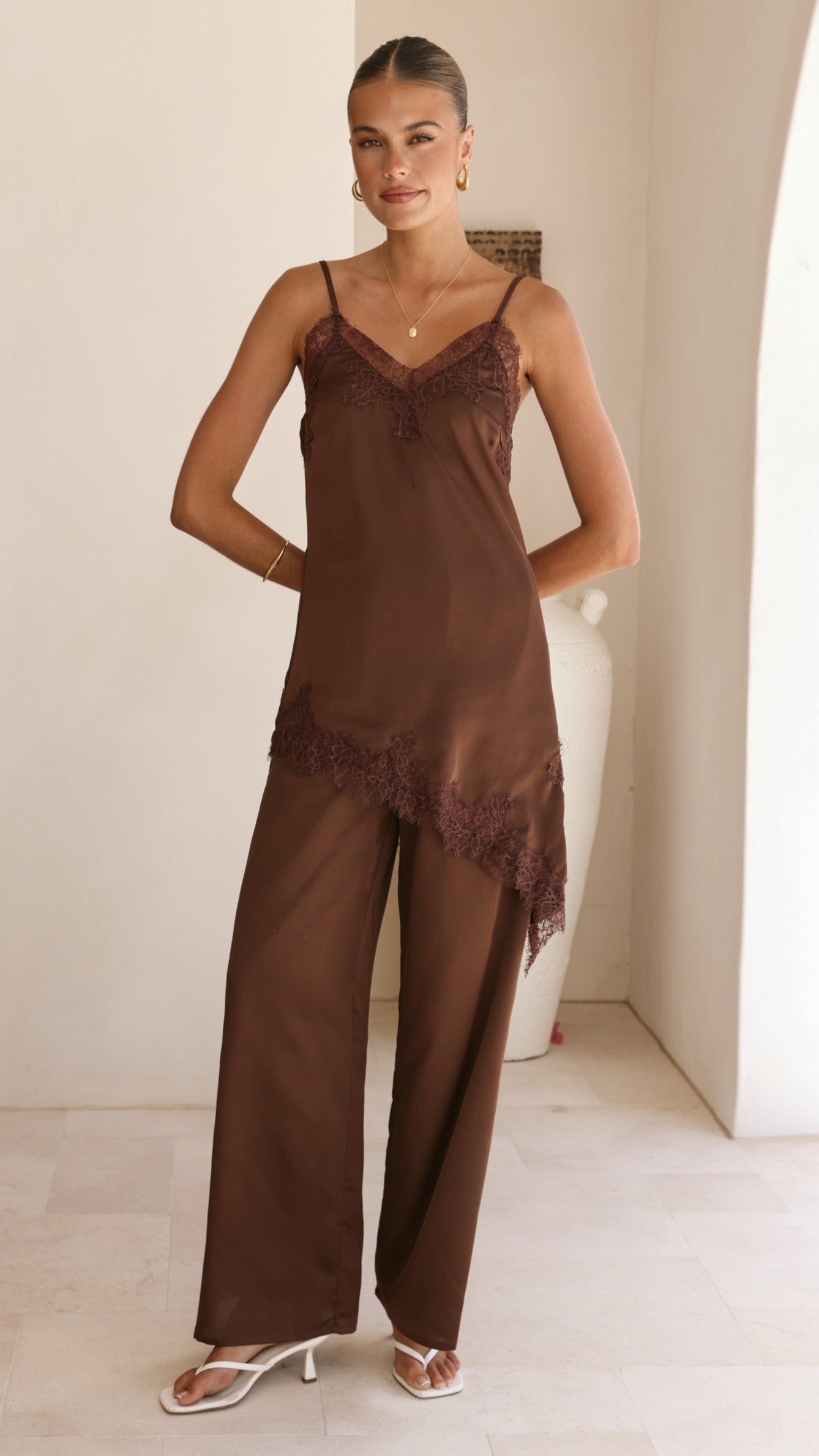 Hayleigh Asymmetrical Top and Pants Set - Chocolate/Lace - Billy J