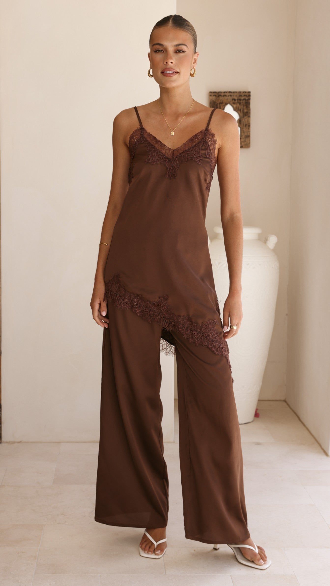 Hayleigh Asymmetrical Top and Pants Set - Chocolate/Lace - Billy J