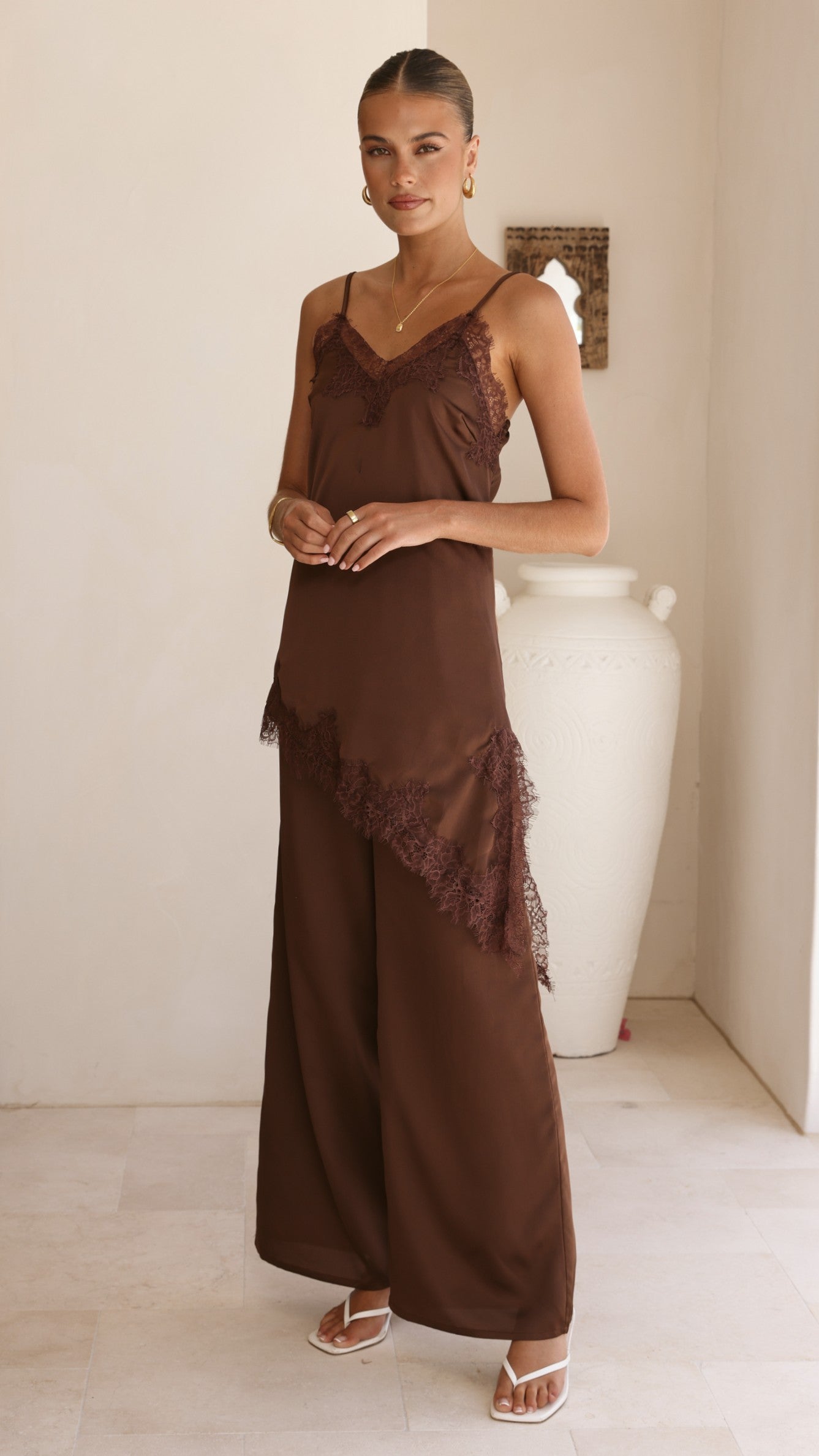 Hayleigh Asymmetrical Top and Pants Set - Chocolate/Lace - Billy J