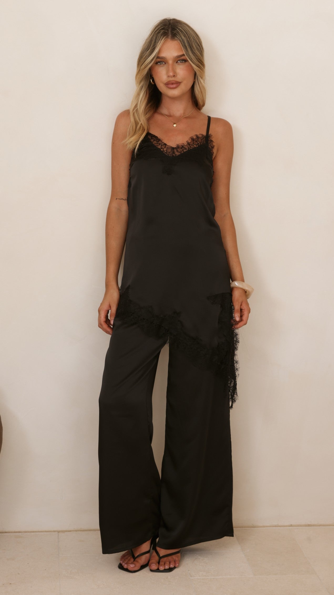 Hayleigh Asymmetrical Top and Pants Set - Black/Lace - Billy J