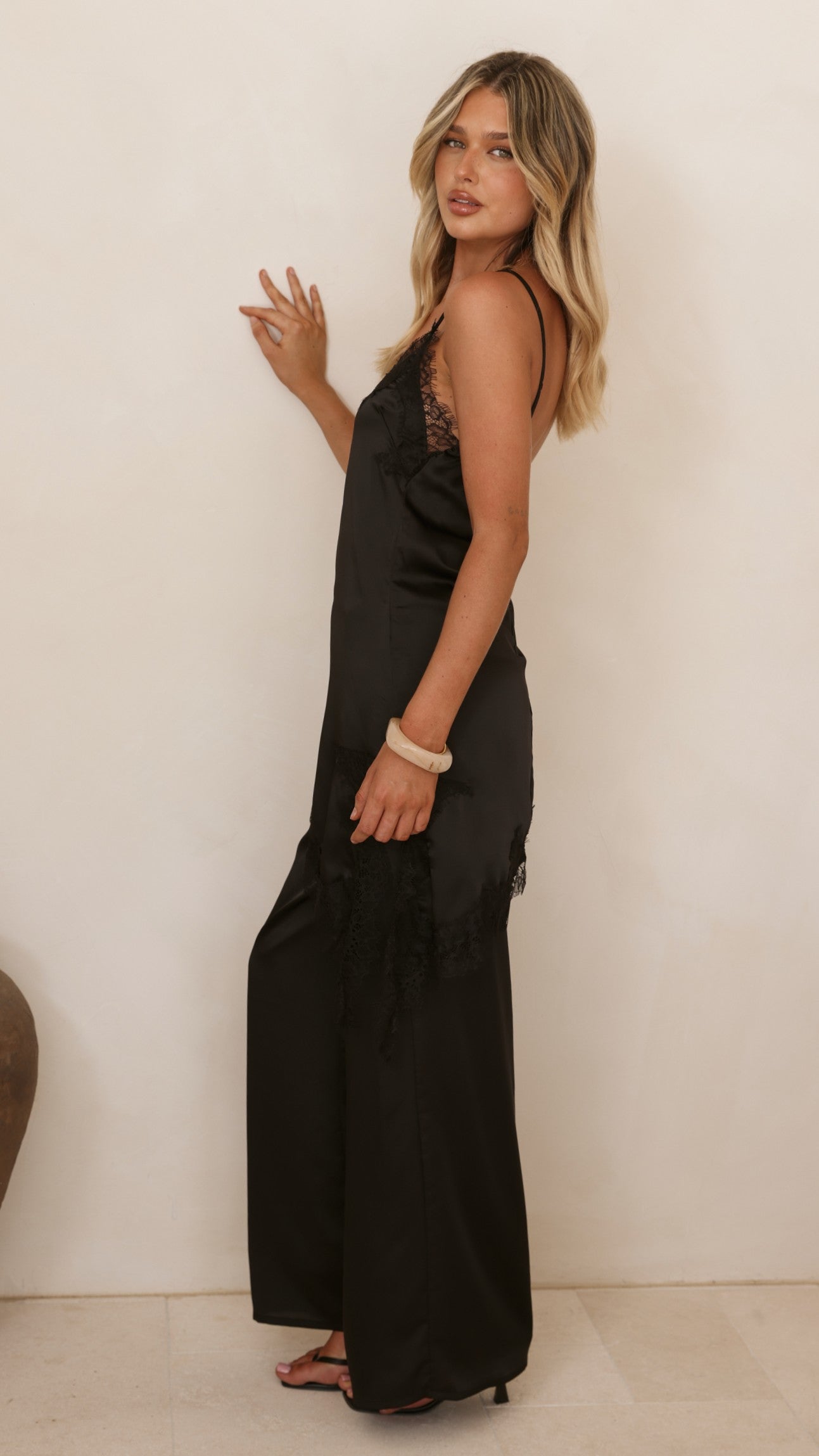 Hayleigh Asymmetrical Top and Pants Set - Black/Lace - Billy J
