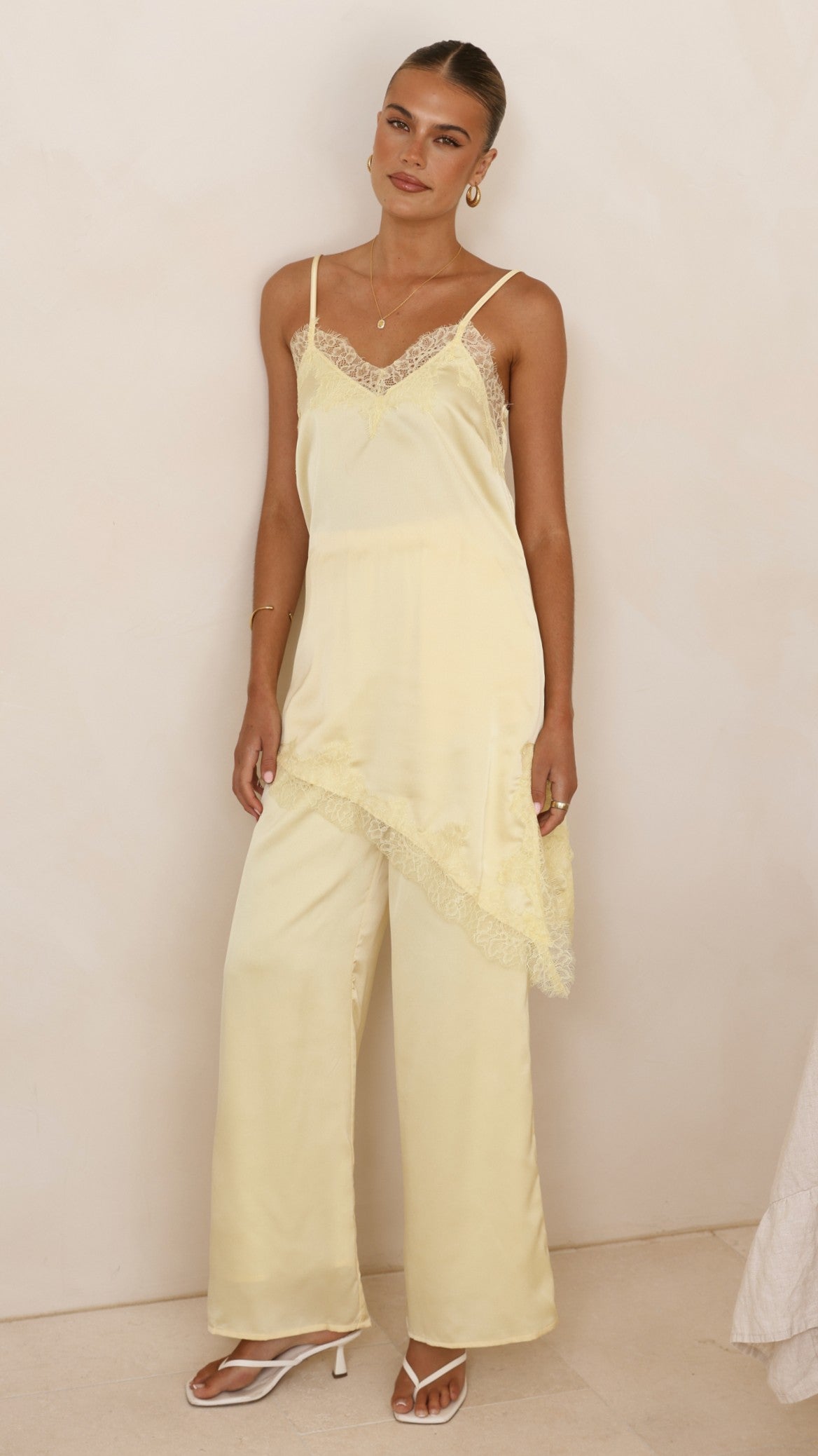 Hayleigh Asymmetrical Top and Pants Set - Yellow/Lace - Billy J