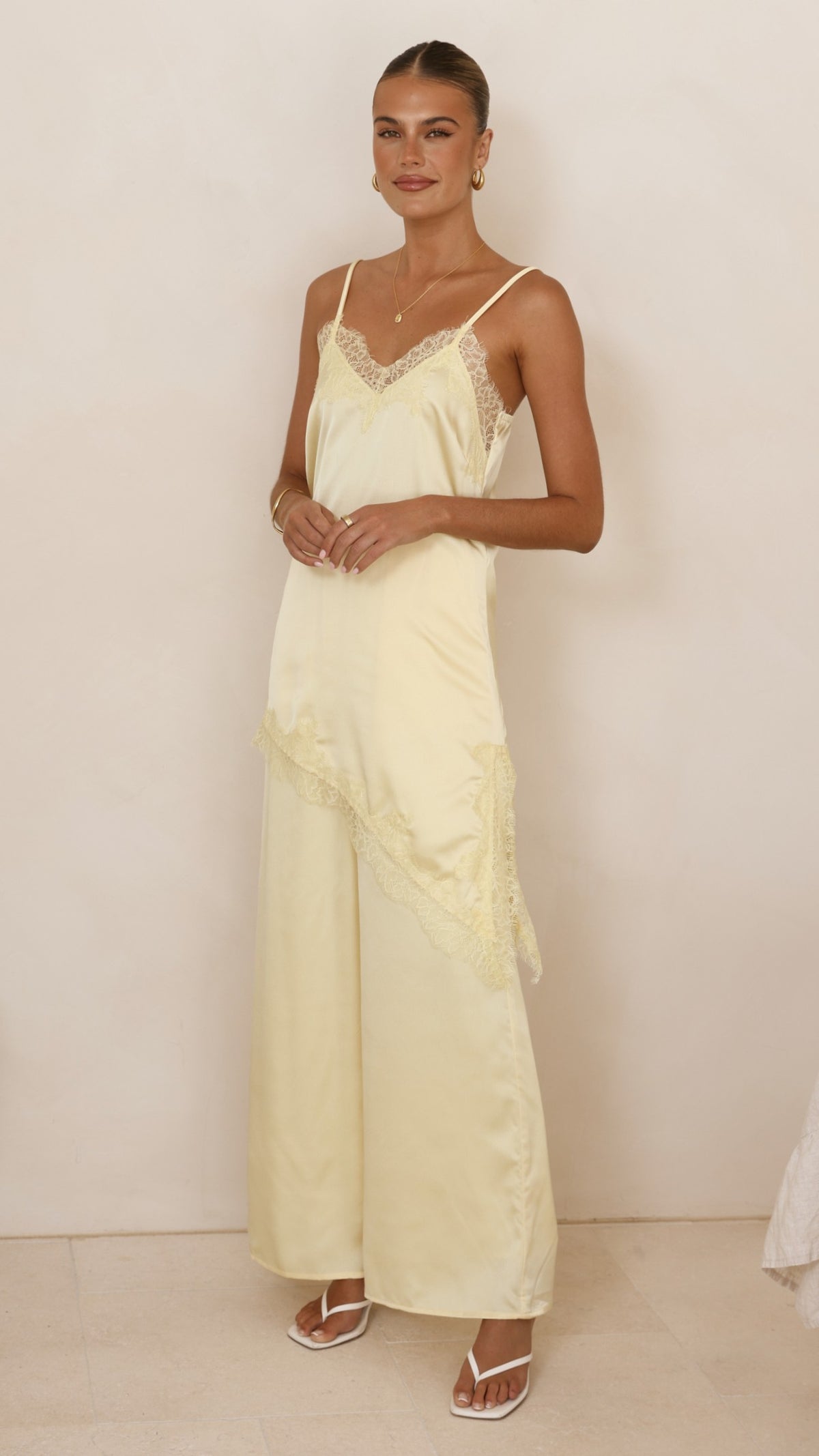 Hayleigh Asymmetrical Top and Pants Set - Yellow/Lace - Billy J