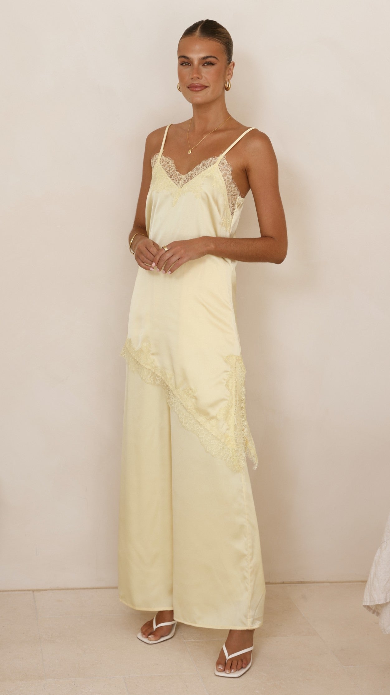 Hayleigh Asymmetrical Top and Pants Set - Yellow/Lace - Billy J
