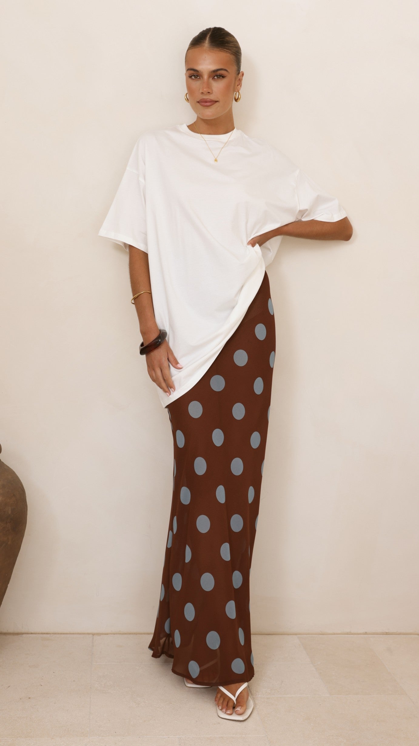 Yumi Oversized Tee and Sheer Skirt Set - White/Brown/Blue Polka - Billy J