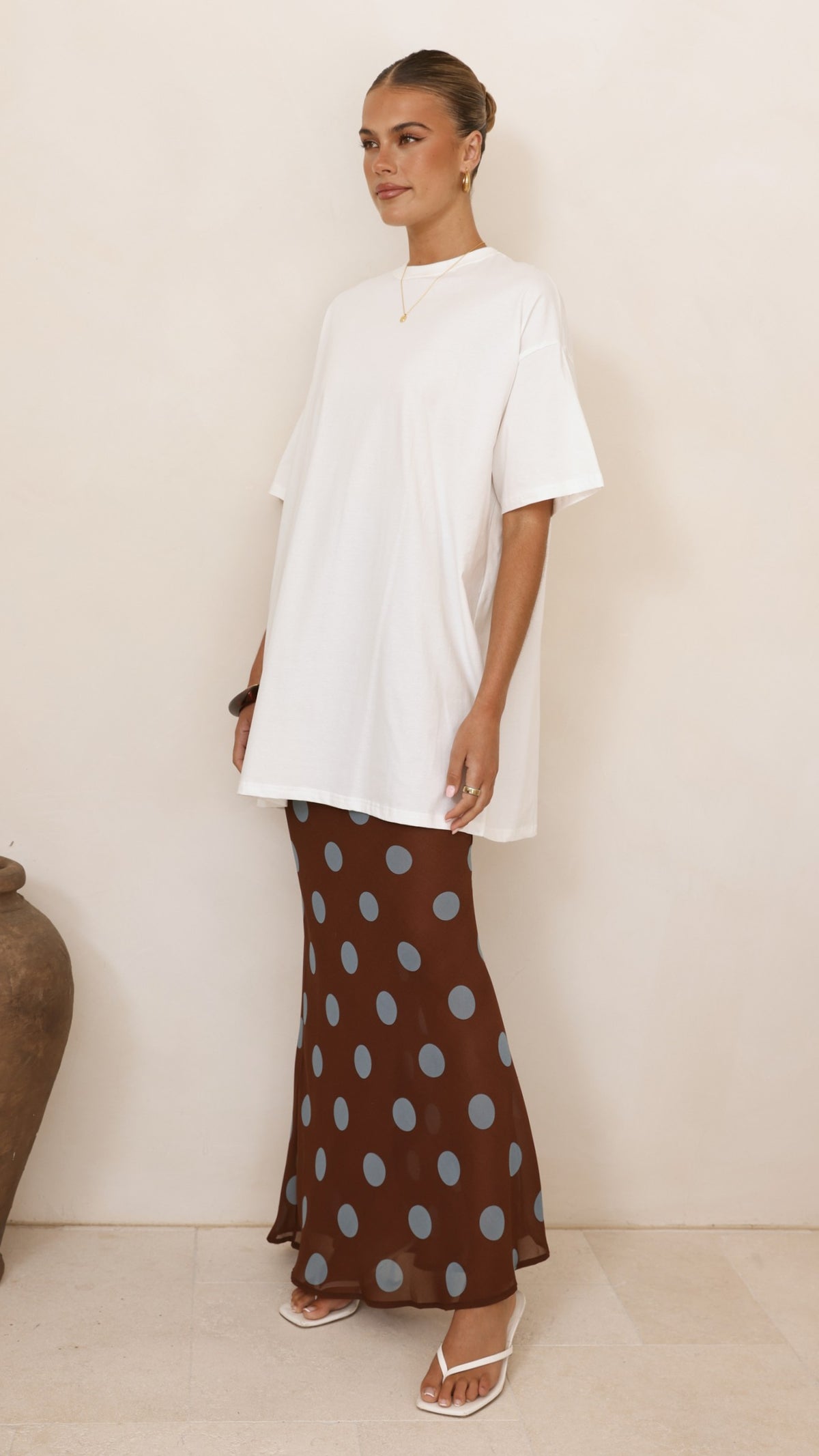 Yumi Oversized Tee and Sheer Skirt Set - White/Brown/Blue Polka - Billy J