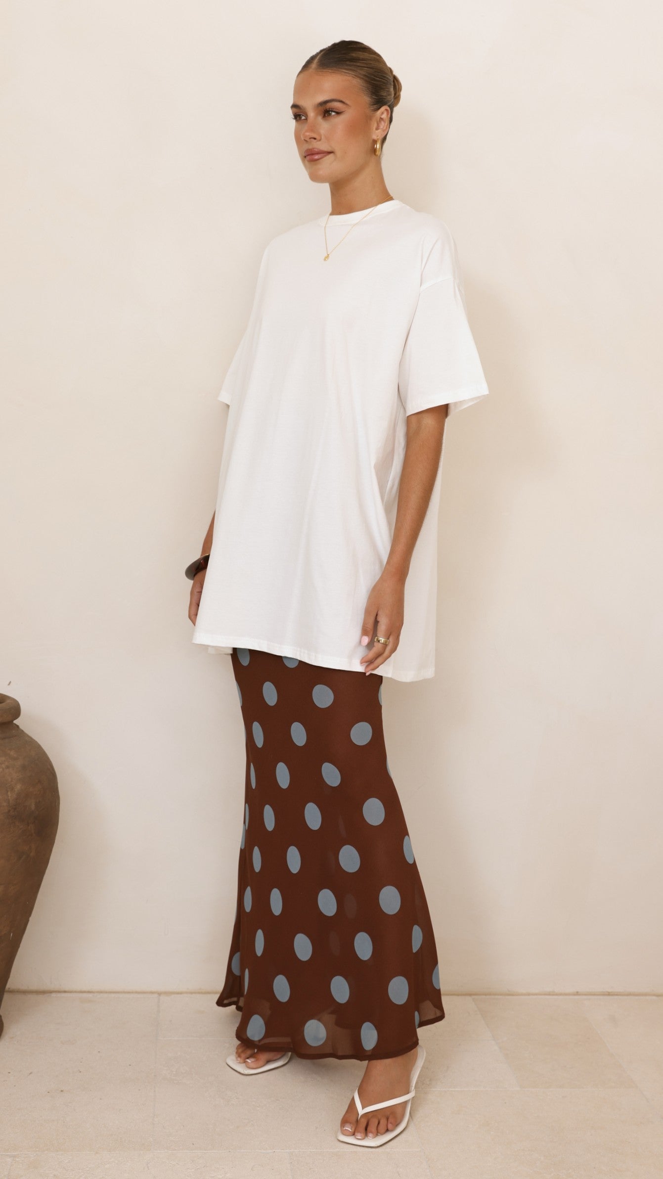 Yumi Oversized Tee and Sheer Skirt Set - White/Brown/Blue Polka - Billy J