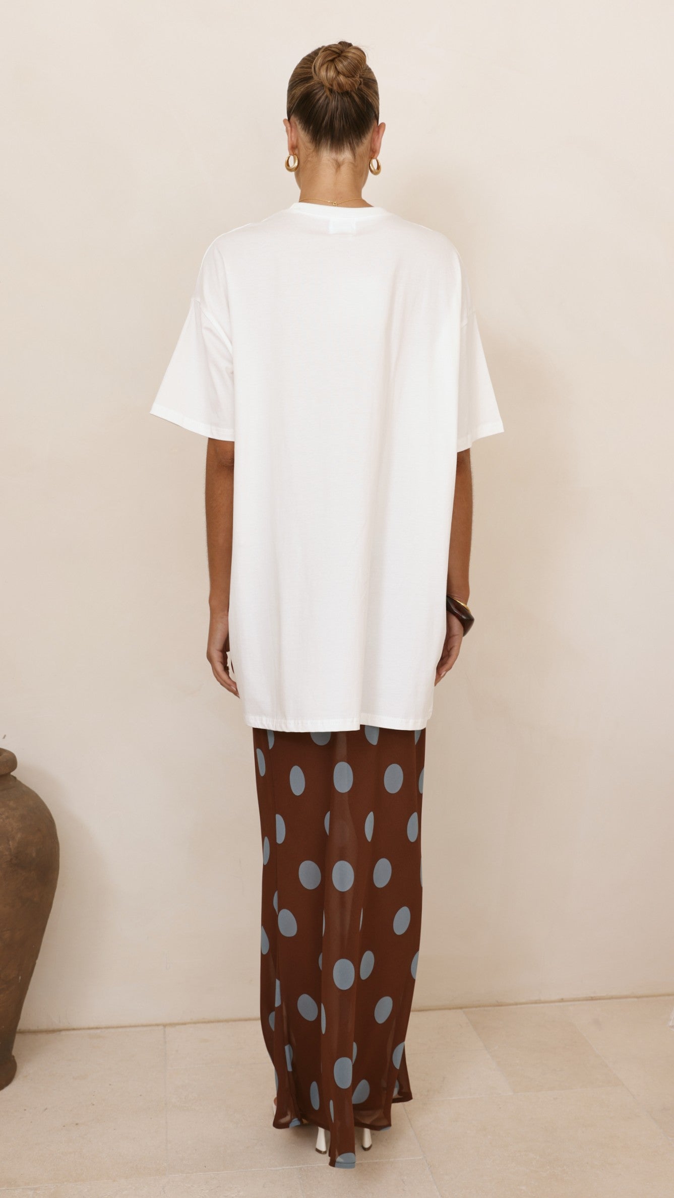 Yumi Oversized Tee and Sheer Skirt Set - White/Brown/Blue Polka - Billy J
