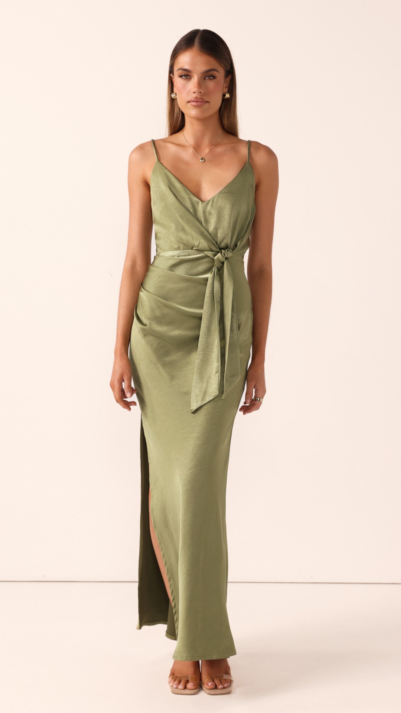 Yasmeen Tie Front Maxi Dress - Olive - Billy J