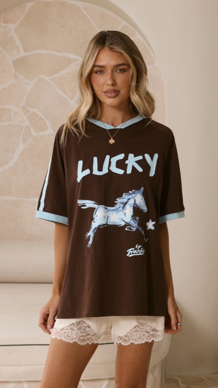 Lucky Horse Oversized T-Shirt - Chocolate/Blue - Billy J