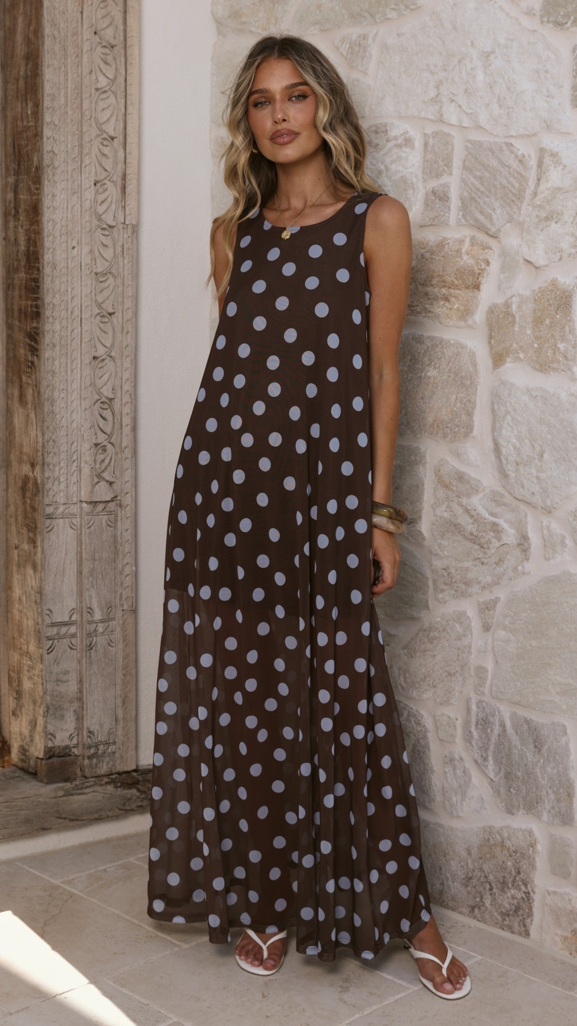 Amryn Maxi Dress - Choc/Blue Polka Dot - Billy J
