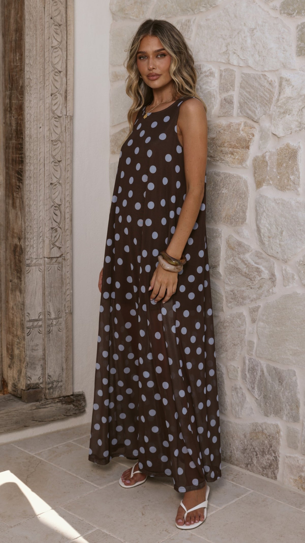 Amryn Maxi Dress - Choc/Blue Polka Dot - Billy J