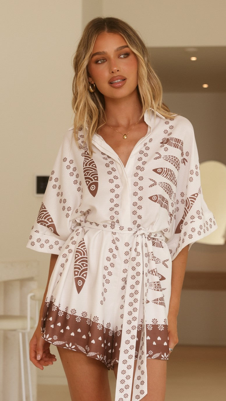 Carmen Playsuit - White/Brown Print