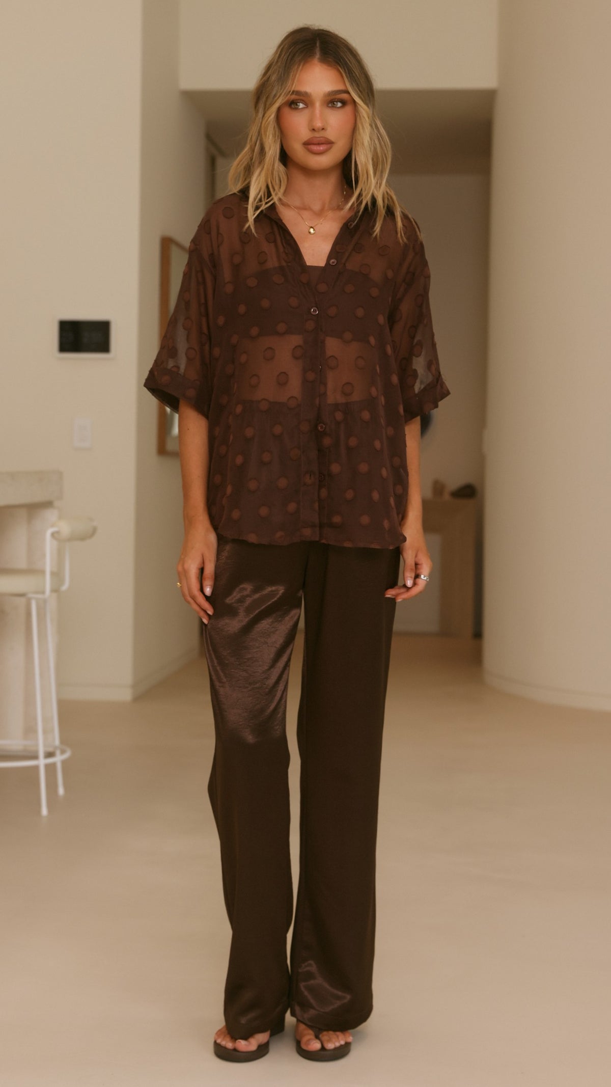Katherine Semi Sheer Button Up Shirt - Chocolate Spot - Billy J