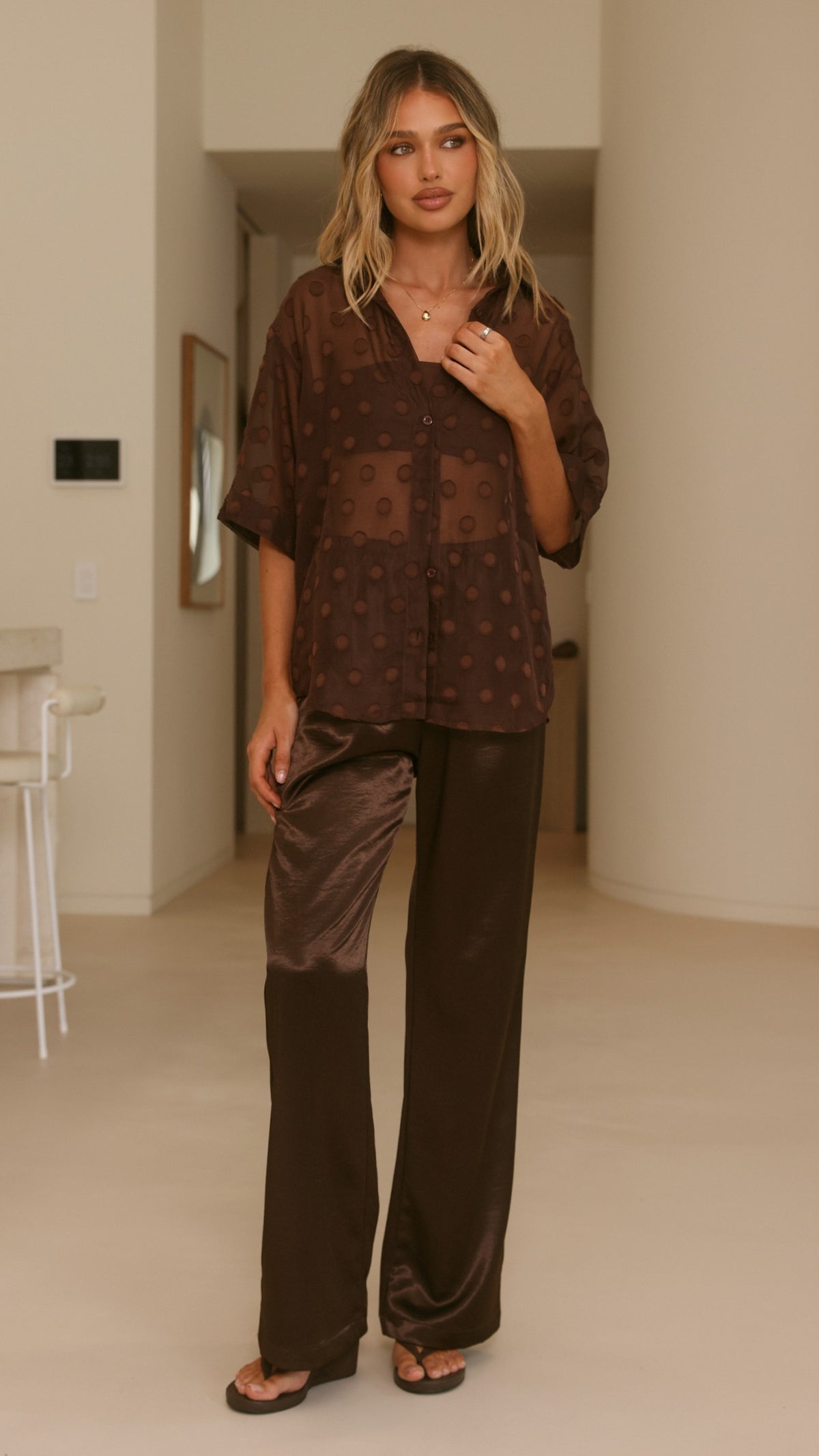 Katherine Semi Sheer Button Up Shirt - Chocolate Spot - Billy J