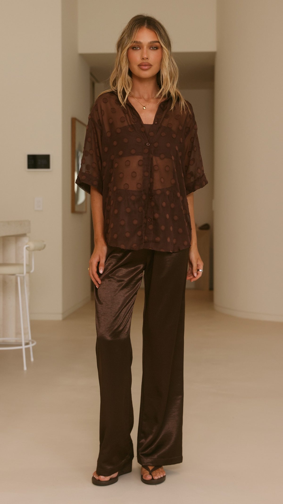 Katherine Semi Sheer Button Up Shirt - Chocolate Spot