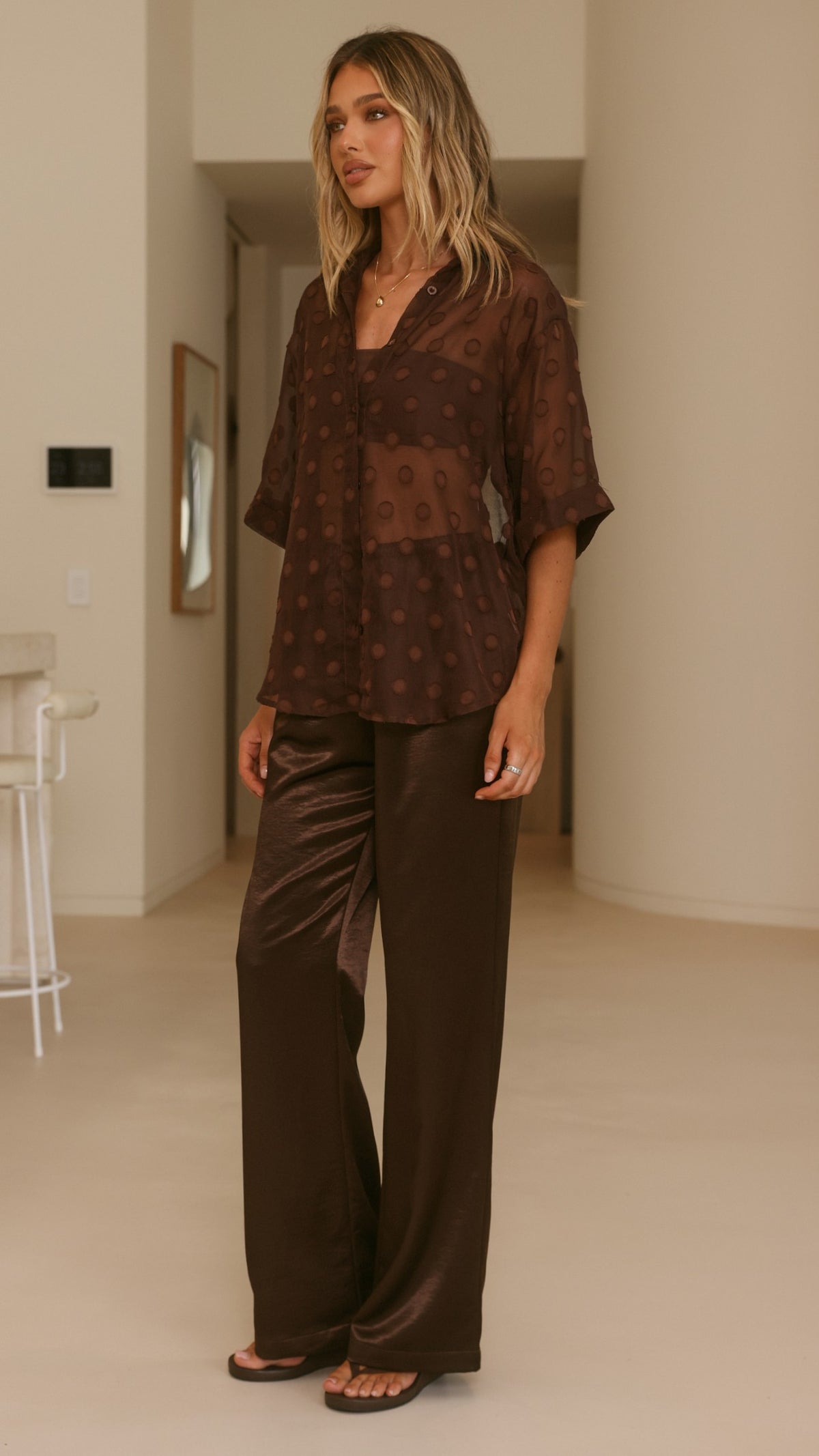 Katherine Semi Sheer Button Up Shirt - Chocolate Spot