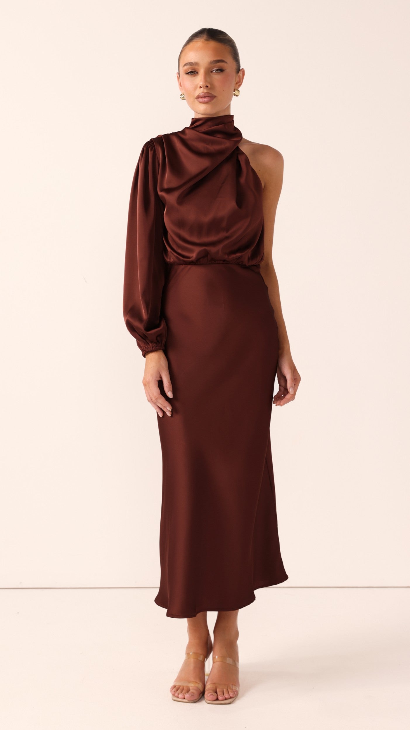 Esther One Shoulder Long Sleeve Dress - Brown - Billy J