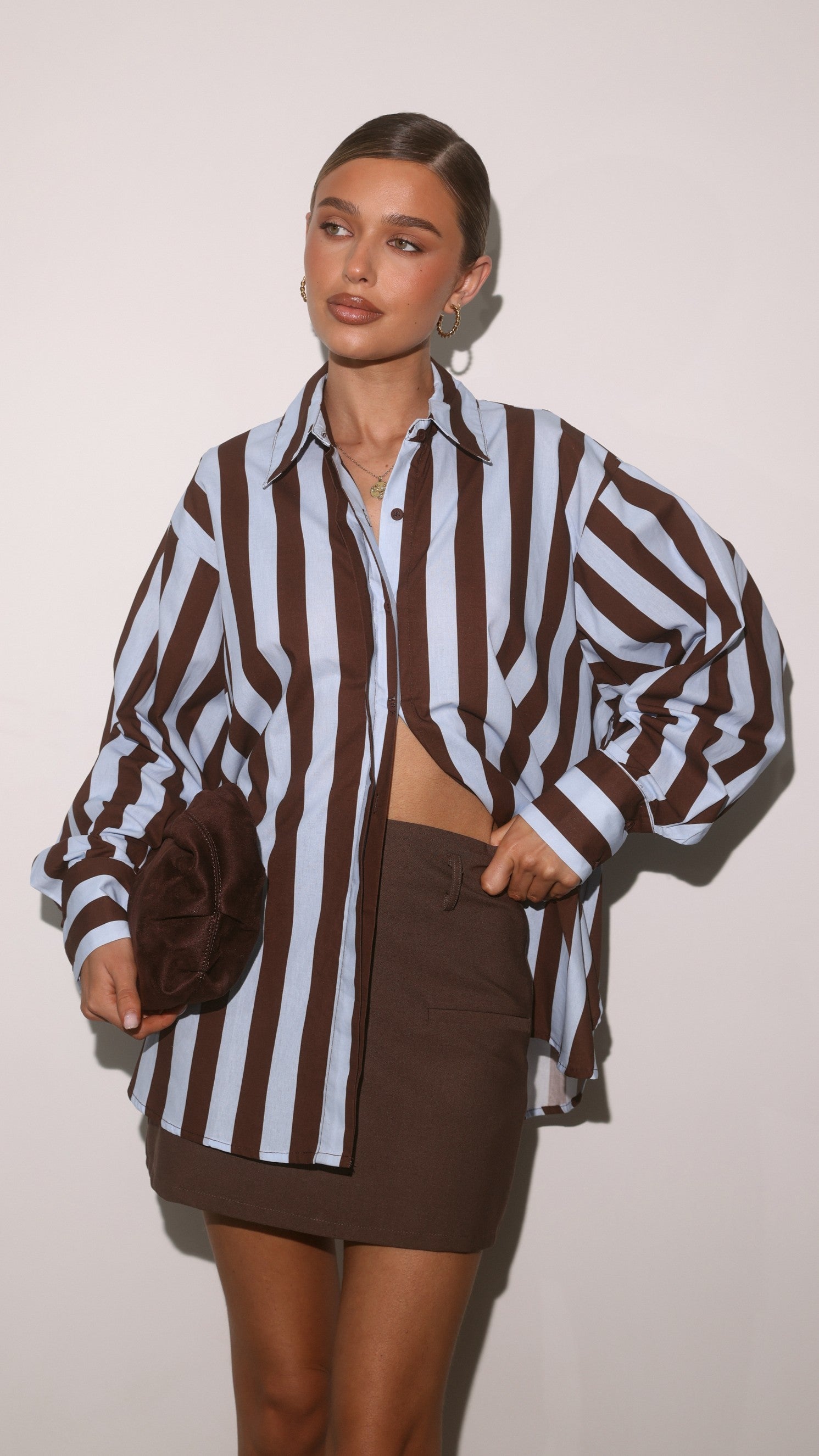 Florabel Button Up Shirt - Chocolate/Blue Stripe - Billy J