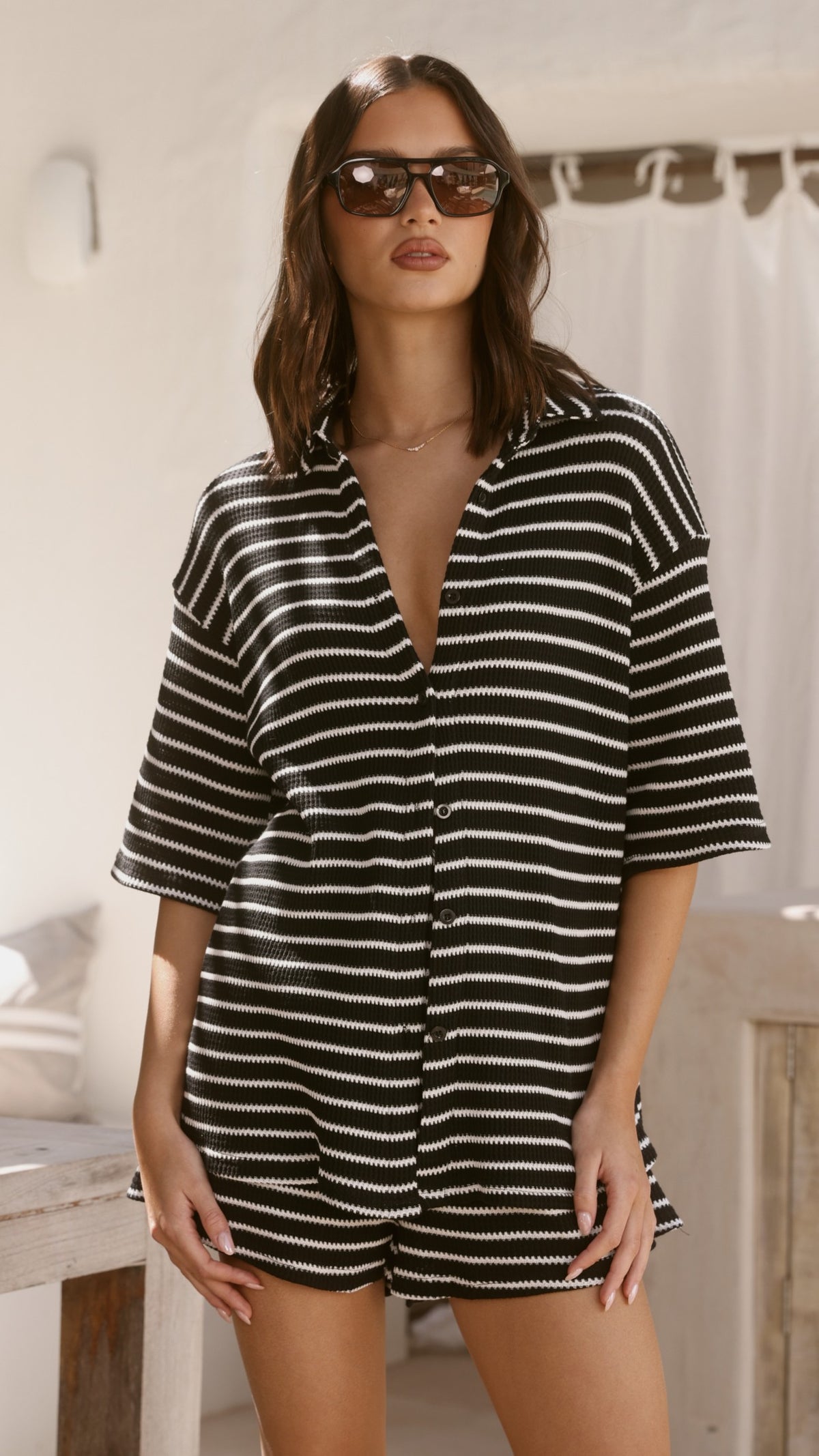 Lacole Button Up Shirt and Shorts Set - Black / White Stripe